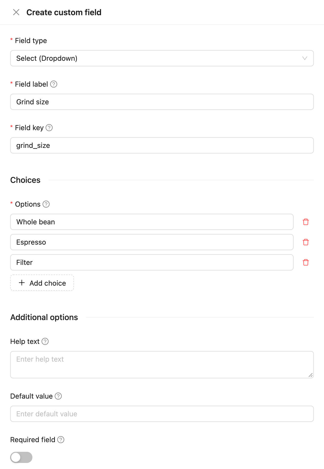 The Create custom field drawer for a Select (Dropdown) field with three choices