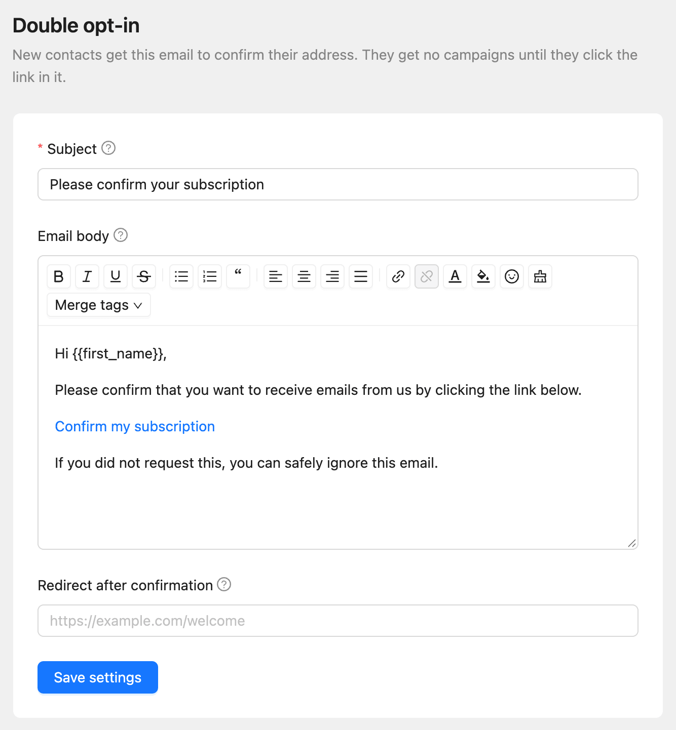 The Double opt-in settings with the subject, the email body with its confirmation link, and the redirect address