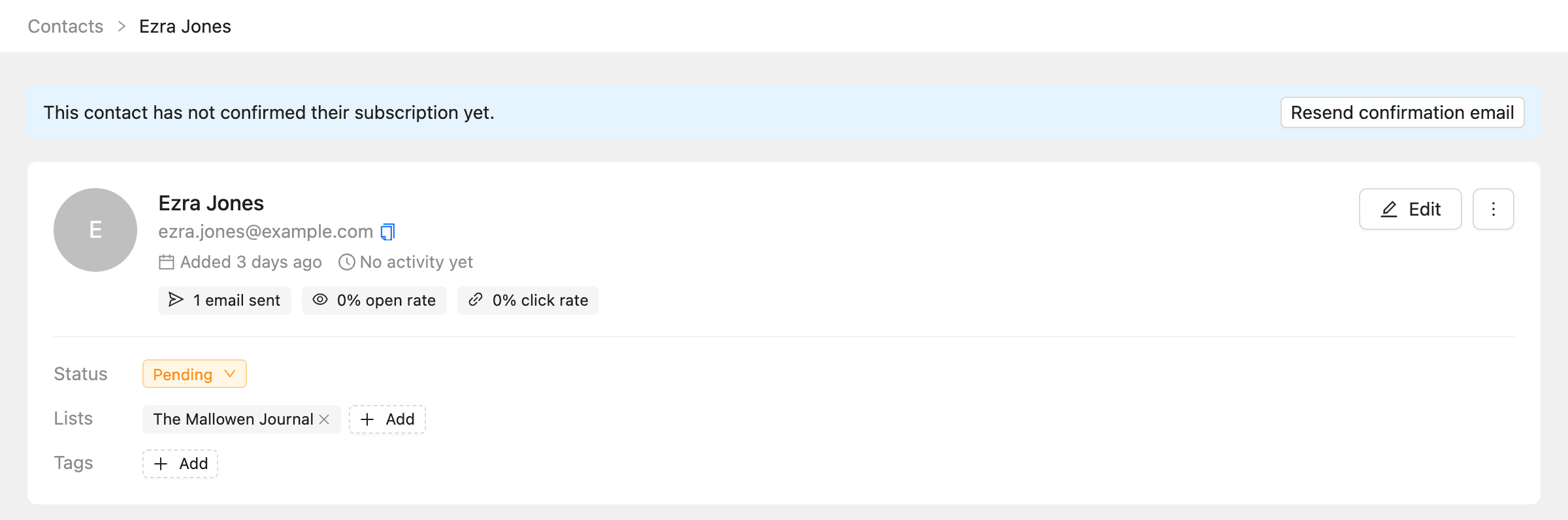 A pending contact’s profile with the notice and the Resend confirmation email button