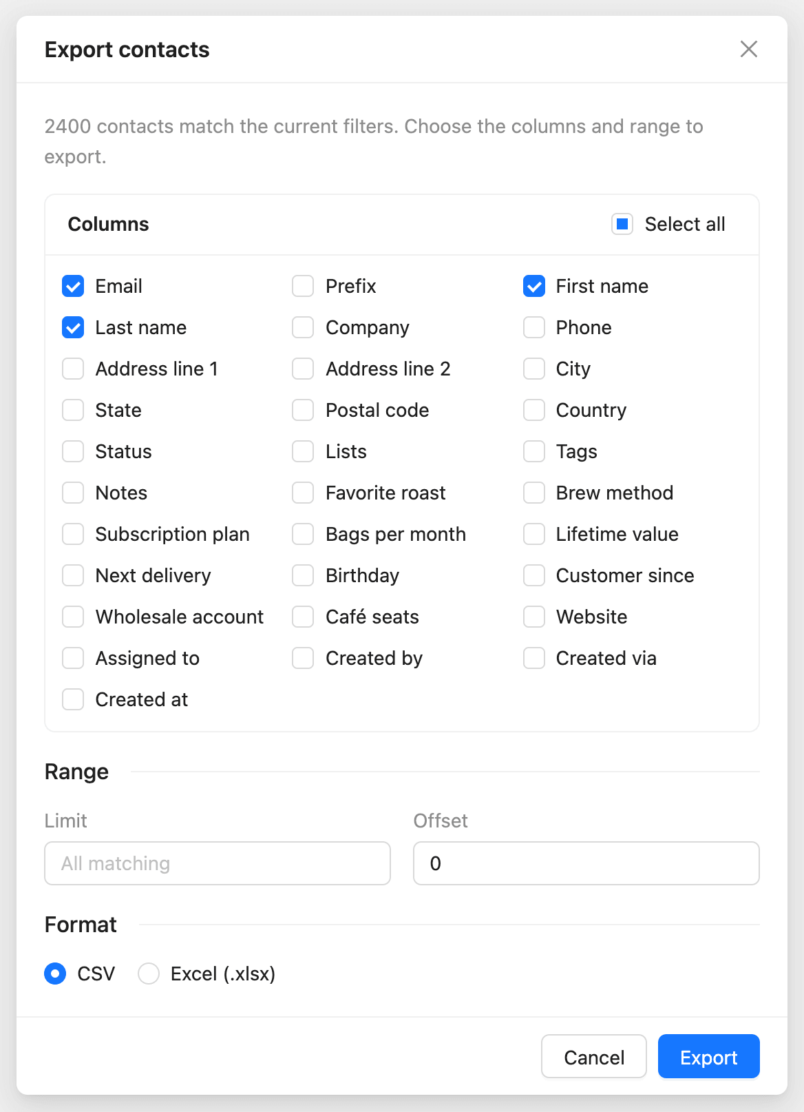 The Export contacts window with column checkboxes, the range and the format