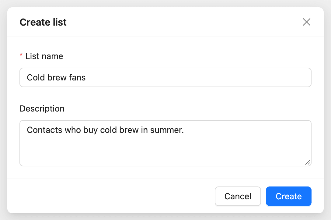 The Create list window with the List name and Description fields