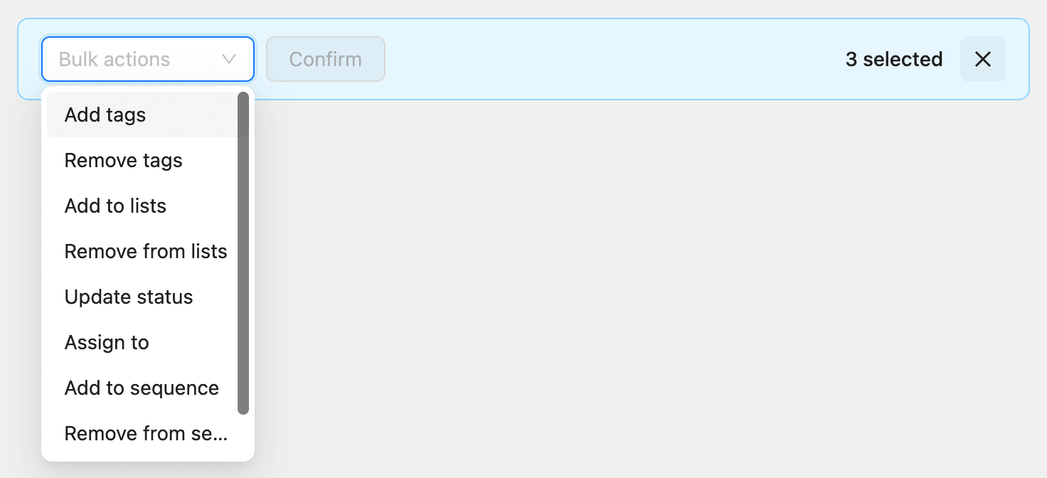 Three contacts selected, with the Bulk actions menu open