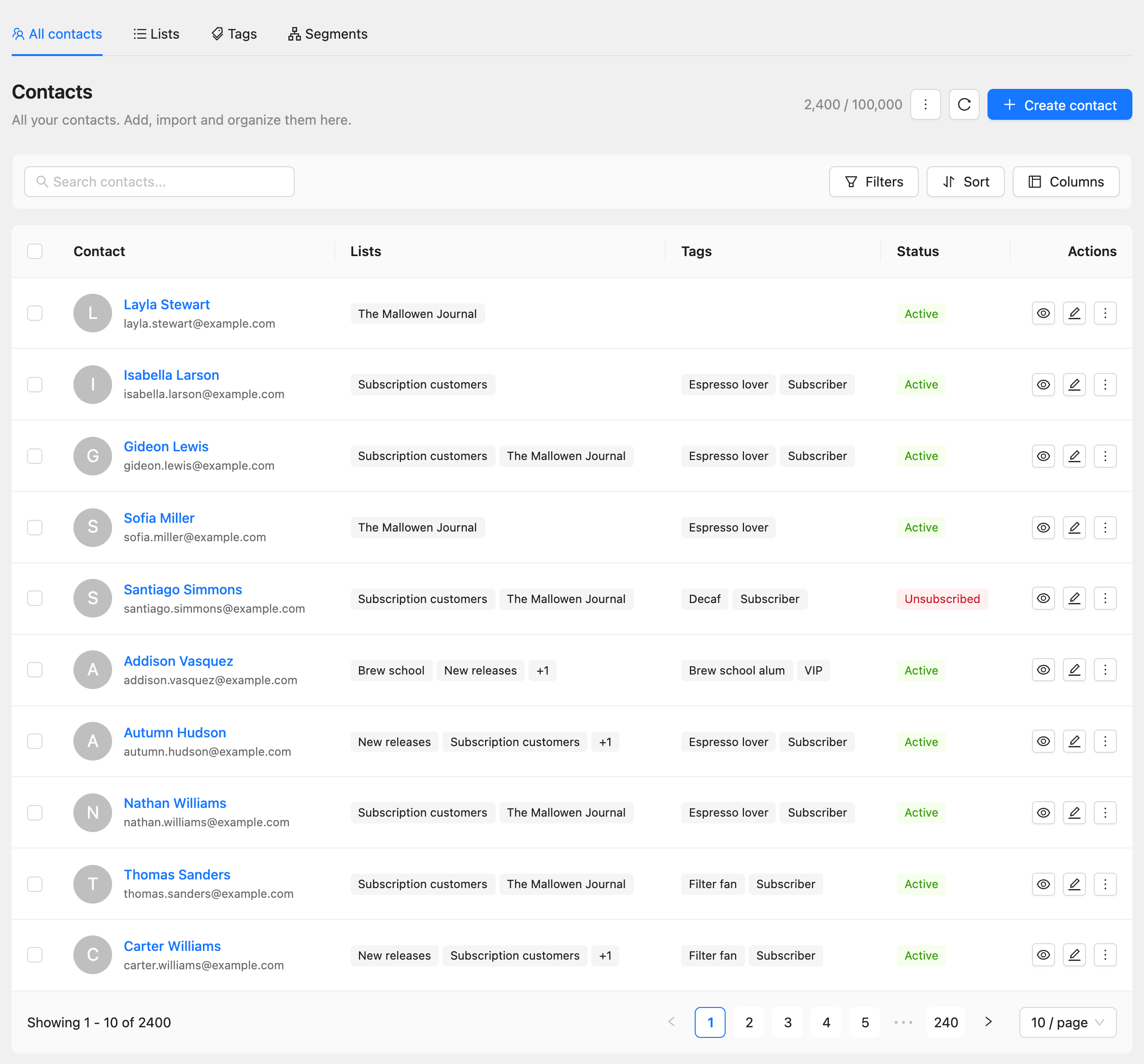 The Contacts page with the search box, filters and a table of contacts with their lists, tags and status