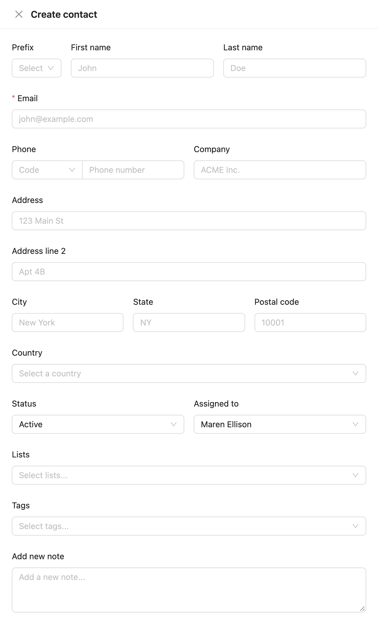 The Create contact drawer with name, email, phone, company, address, status, lists, tags and note fields