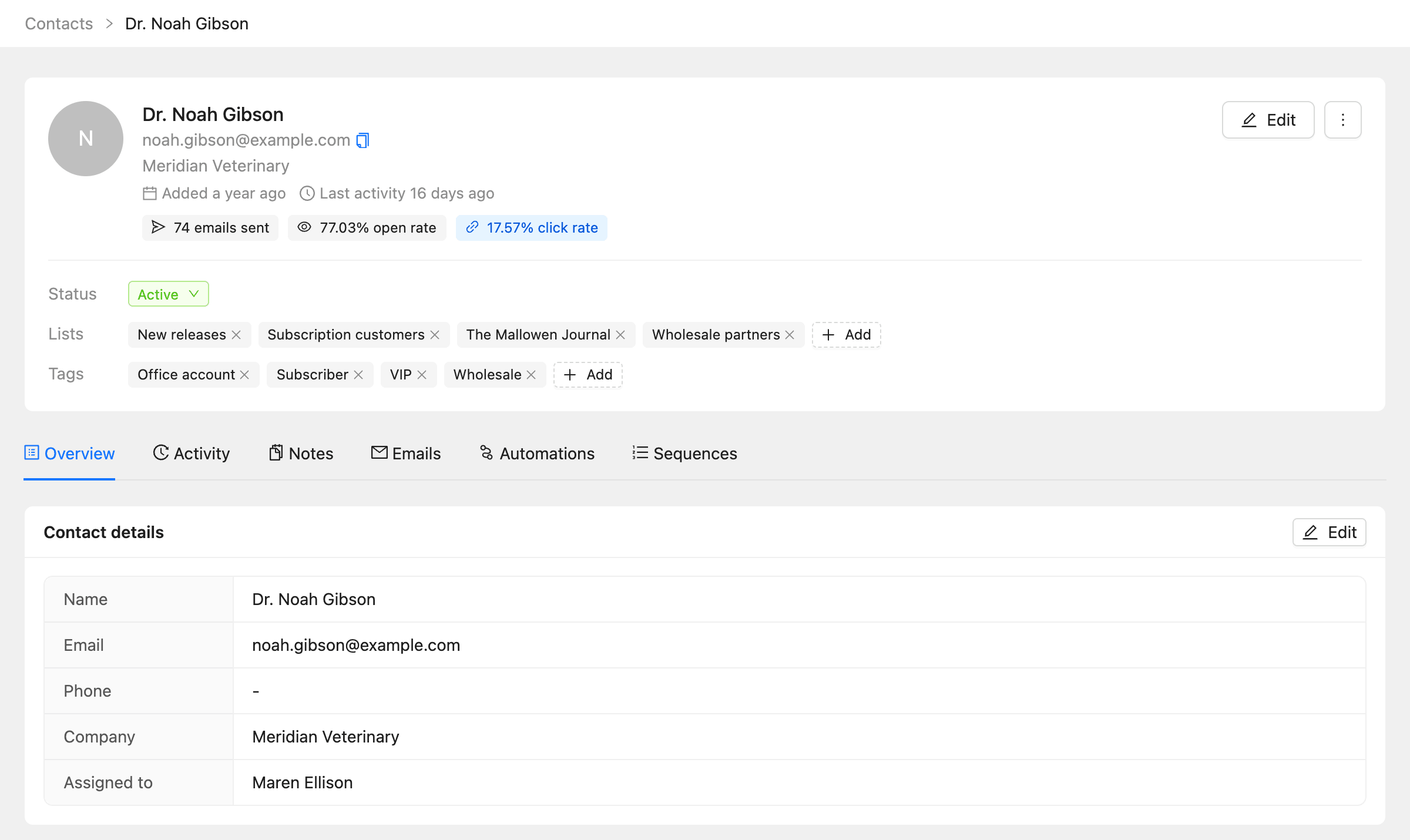 A contact profile with the status, lists and tags, and the Overview, Activity, Notes, Emails, Automations and Sequences tabs