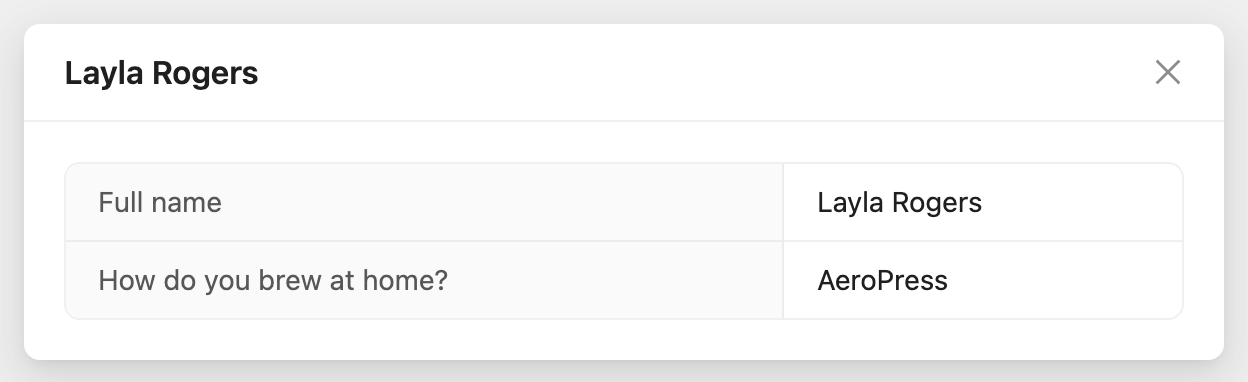 The answers of a lead that needs review: a full name and an answer to a custom question, with no email or phone