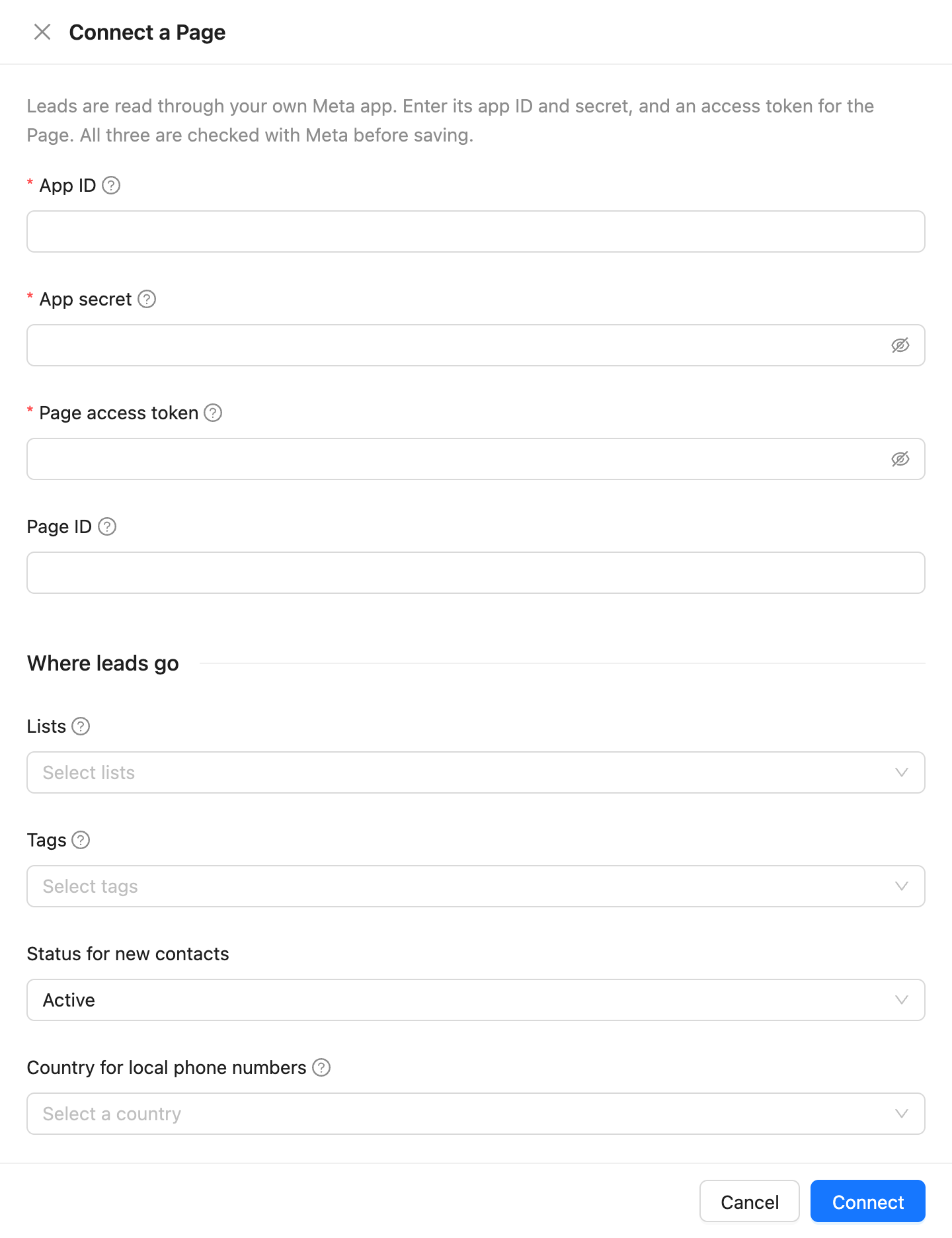 The Connect a Page drawer with the app ID, app secret, Page access token and Page ID fields, and the lists, tags, status and phone country leads get