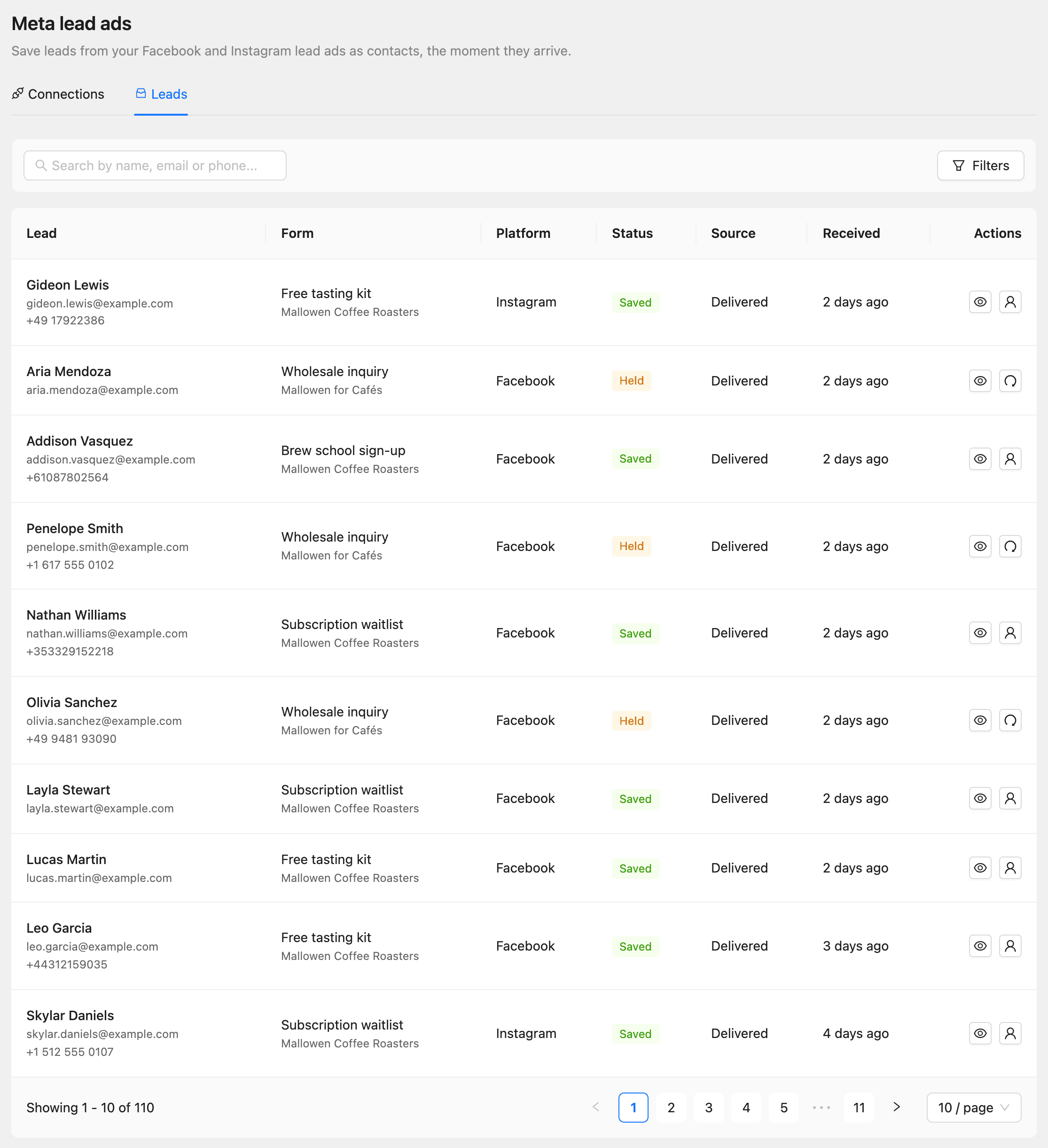 The Leads tab with saved leads from Facebook and Instagram and held leads from a Page that needs attention