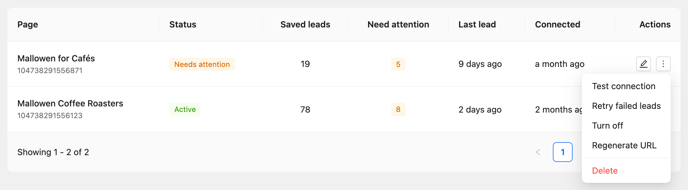 The More actions menu of a connection with Test connection, Retry failed leads, Turn off, Regenerate URL and Delete