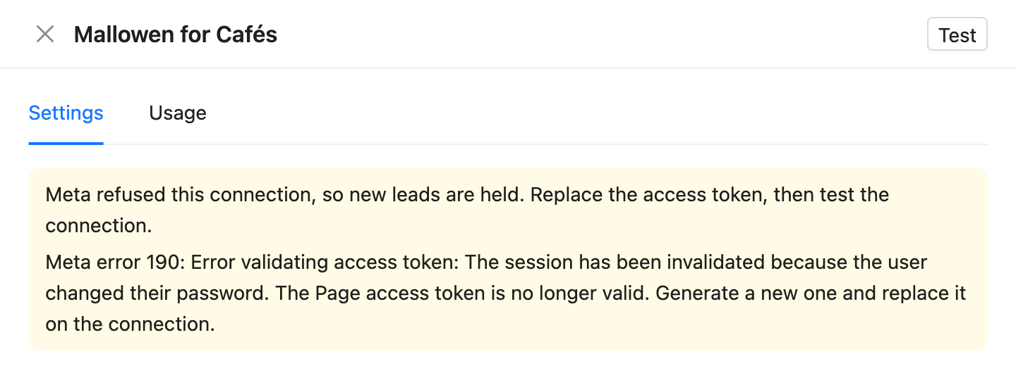 A connection that needs attention, with the reason Meta gave for refusing the access token