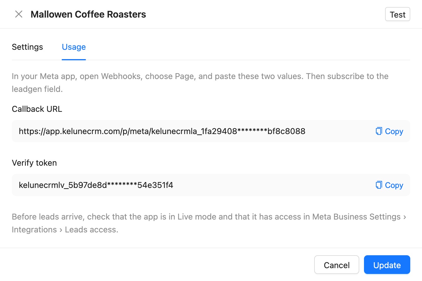 The Usage tab of a connection with its callback URL and verify token, each with a copy button