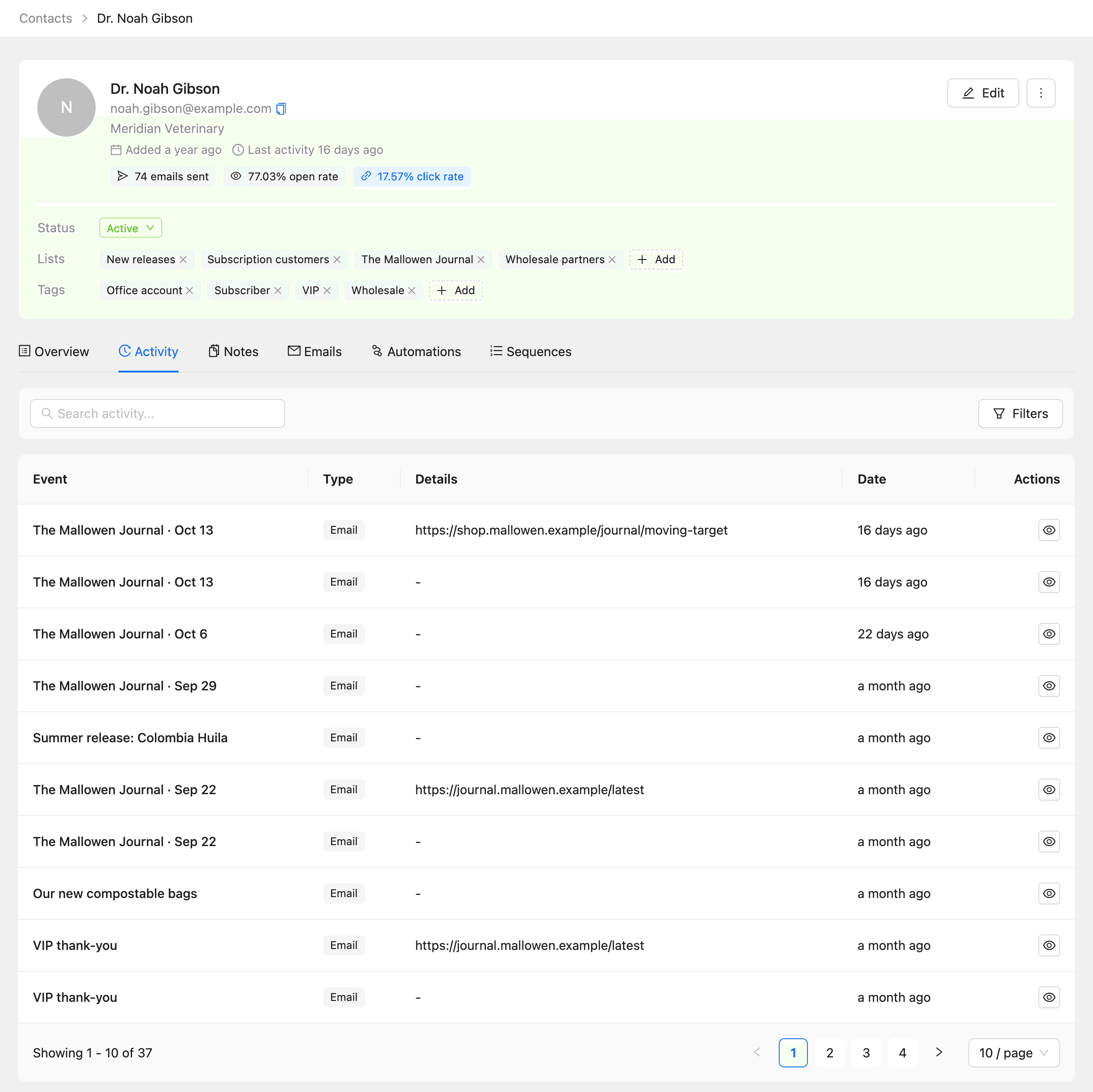 The Activity tab listing email events with their details and dates