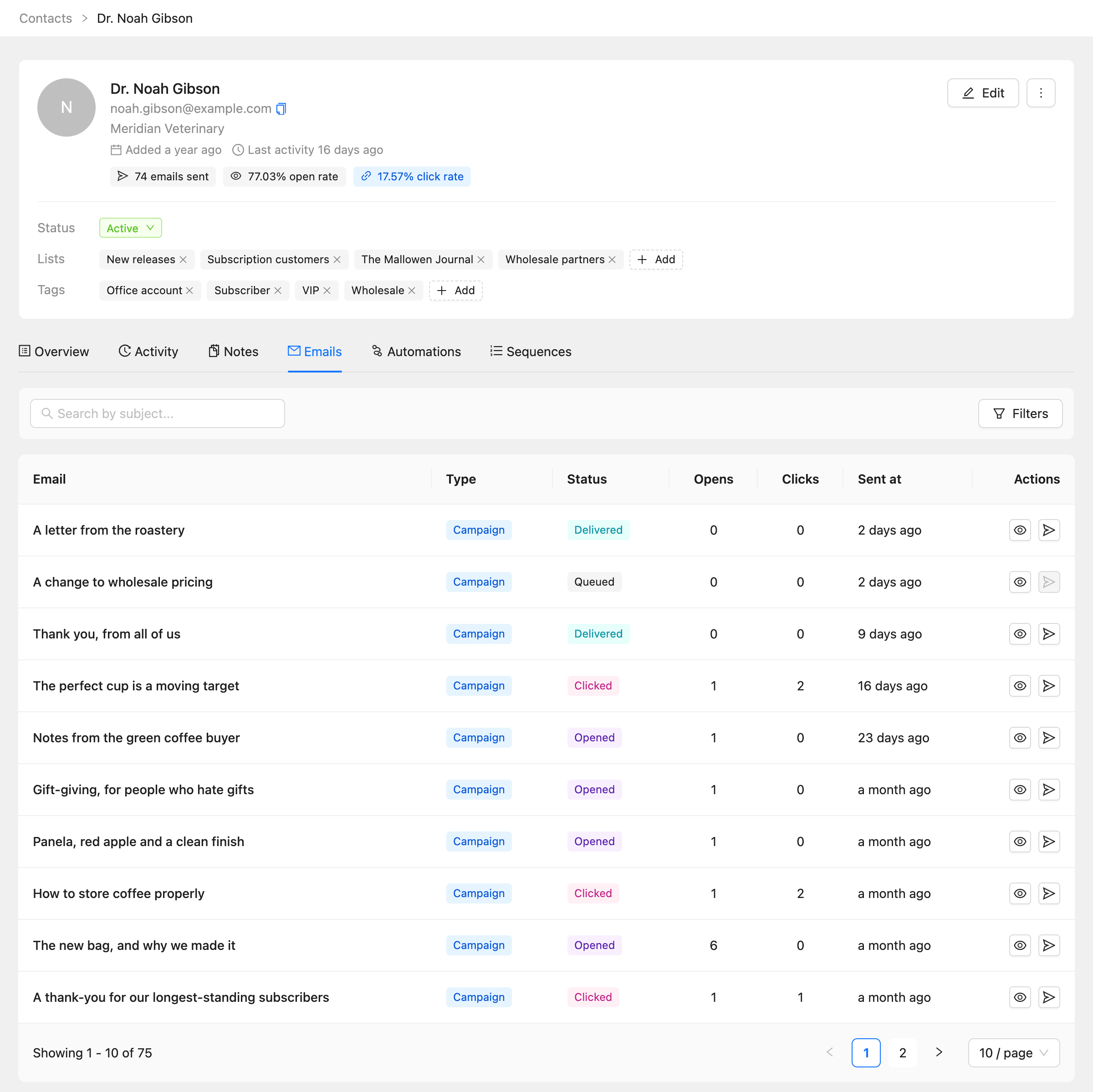 The Emails tab listing each email with its type, status, opens, clicks and send time