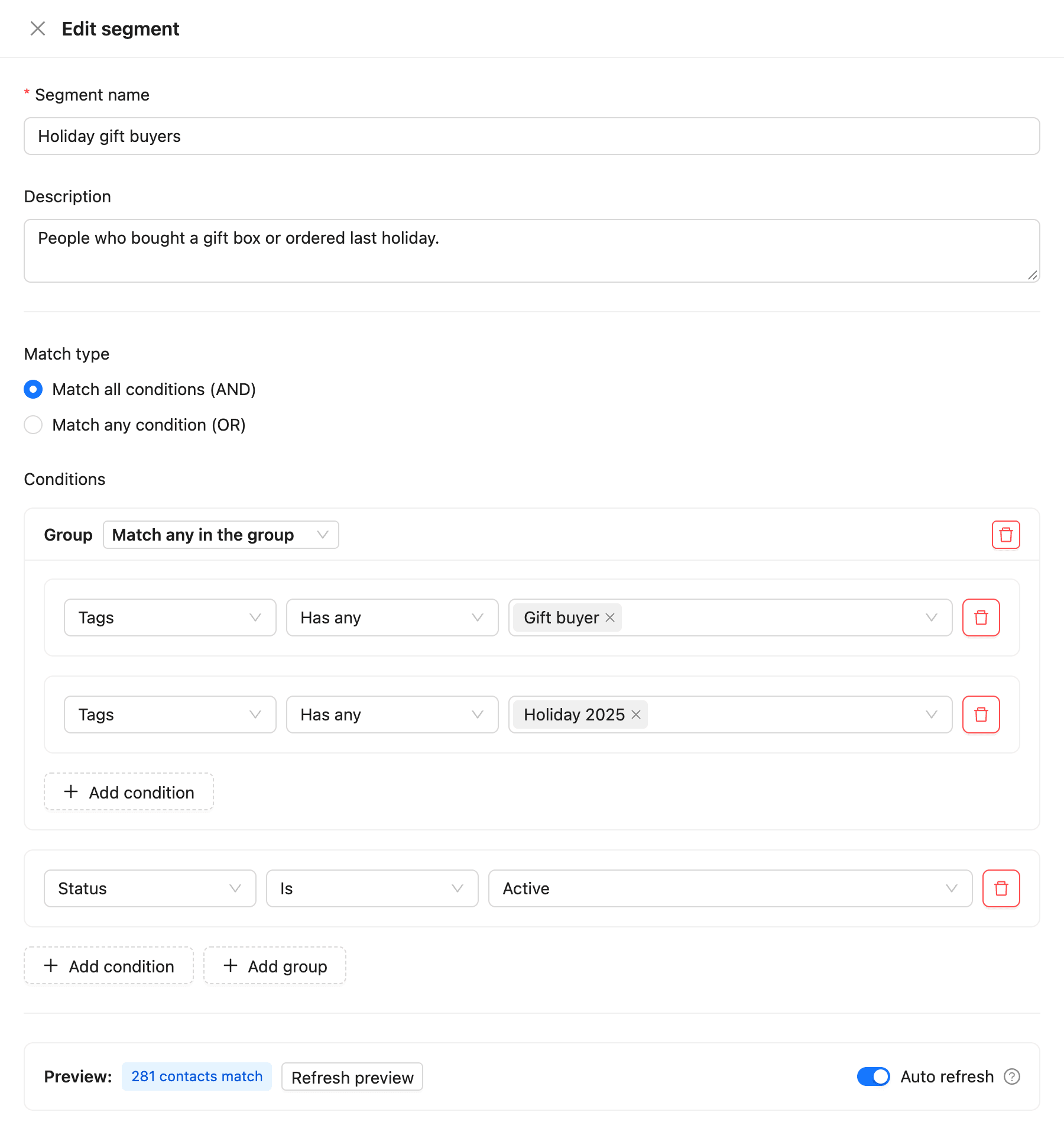 The segment editor with a group of two tag conditions, a status condition and the preview count