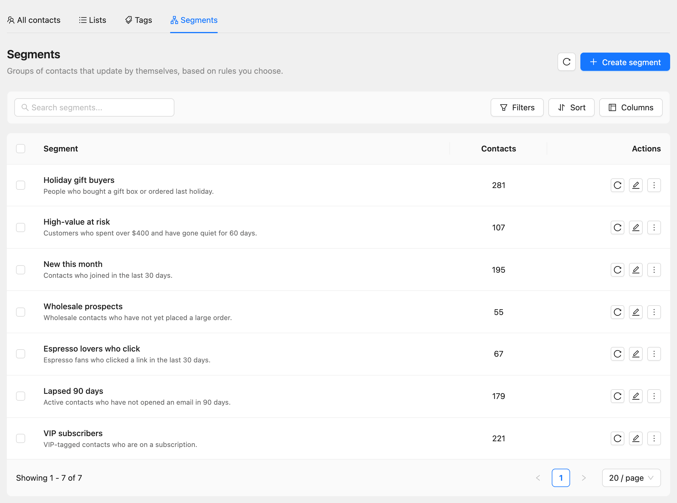 The Segments tab with each segment, its description and its number of contacts