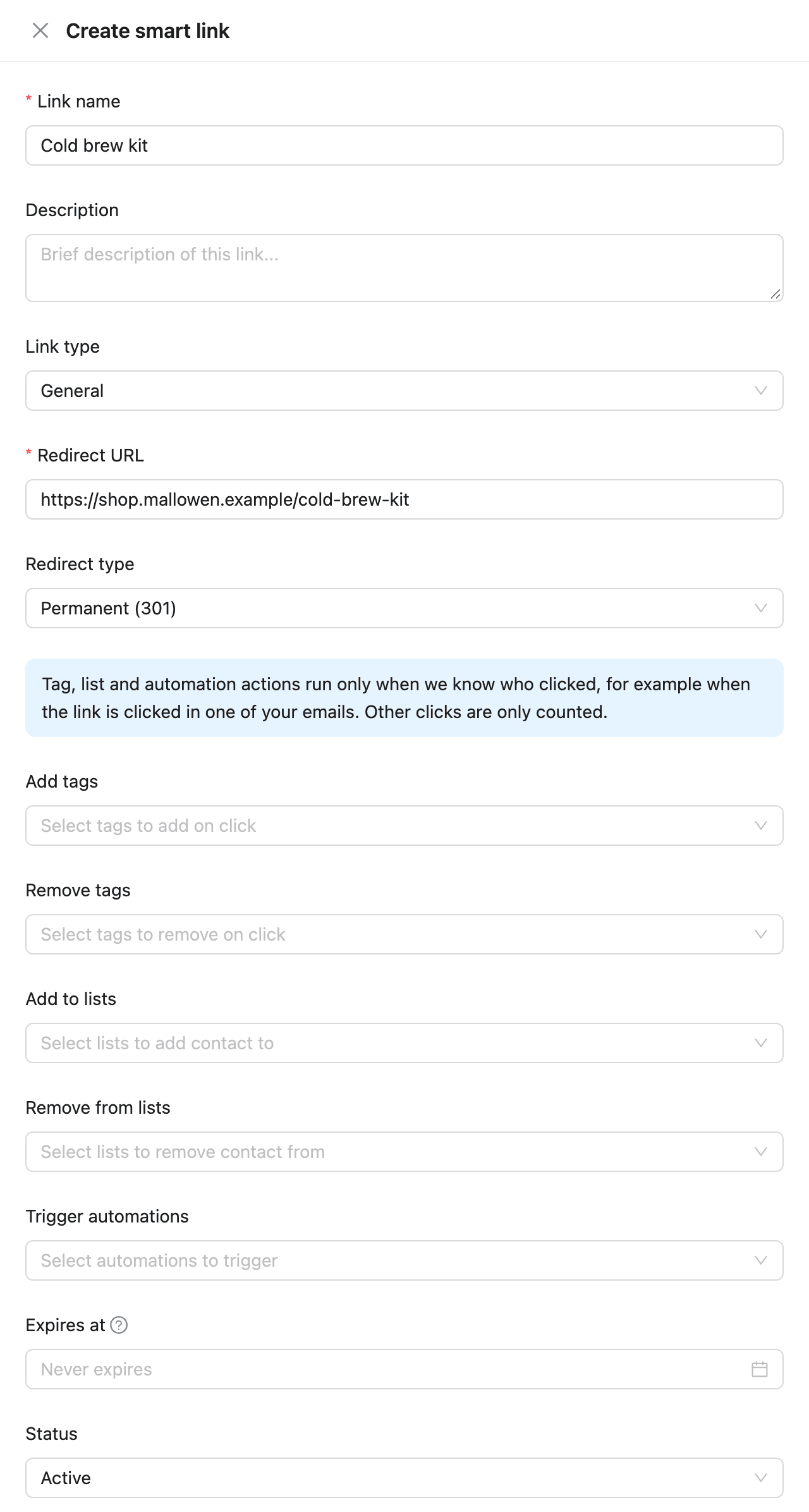 The Create smart link drawer with the name, link type, redirect address and click actions