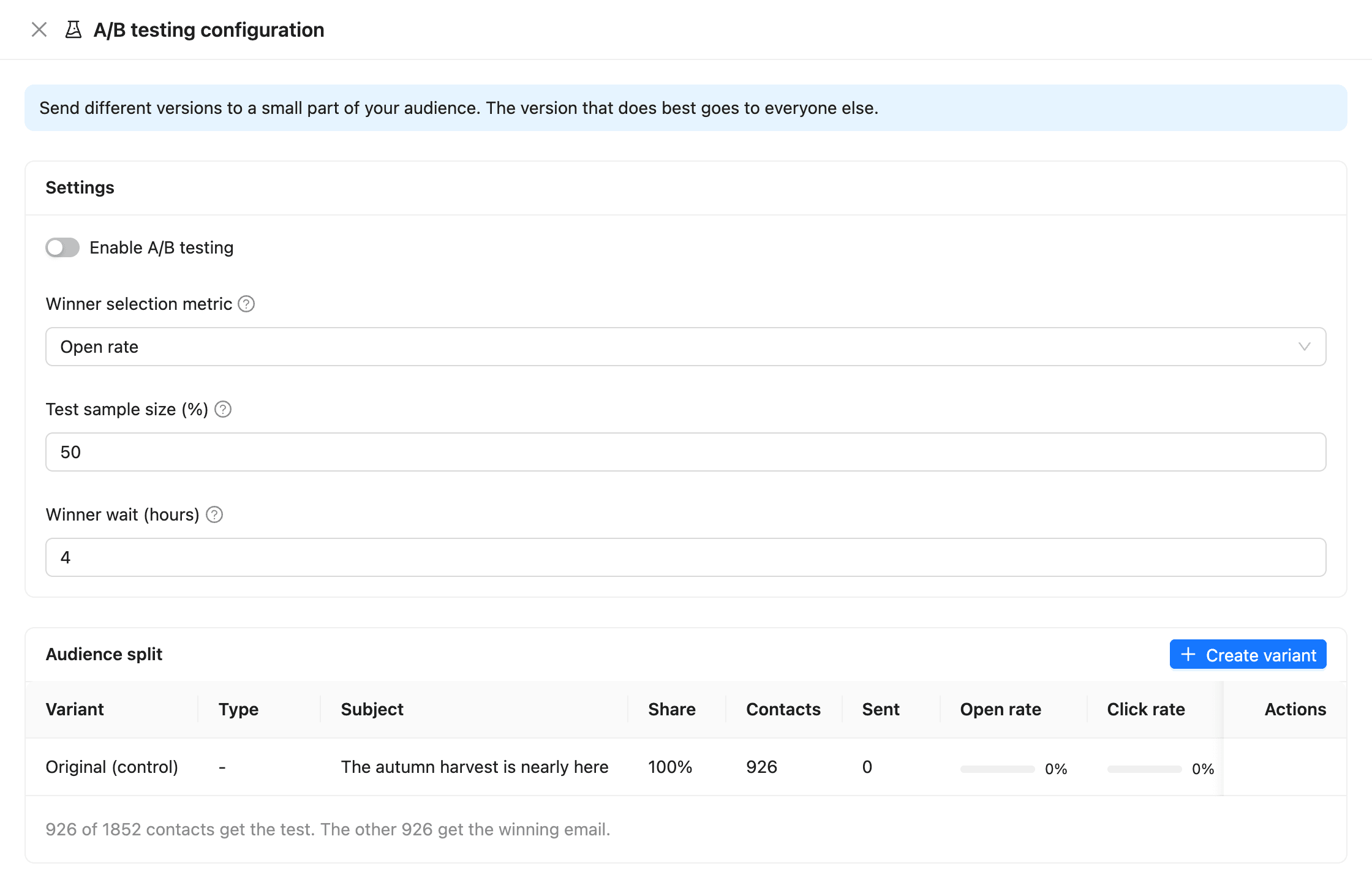 The A/B testing configuration drawer with the settings and the audience split