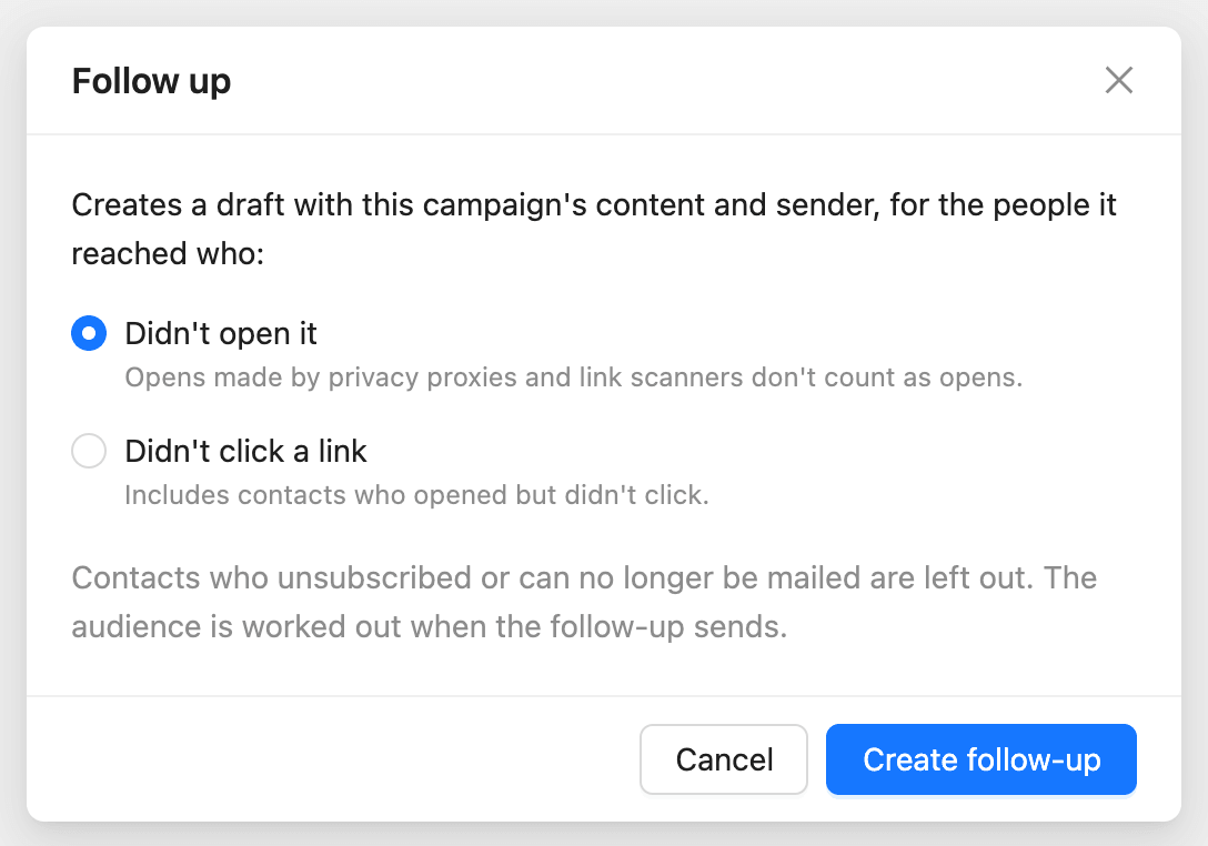 The Follow up window with the Didn’t open it and Didn’t click a link options
