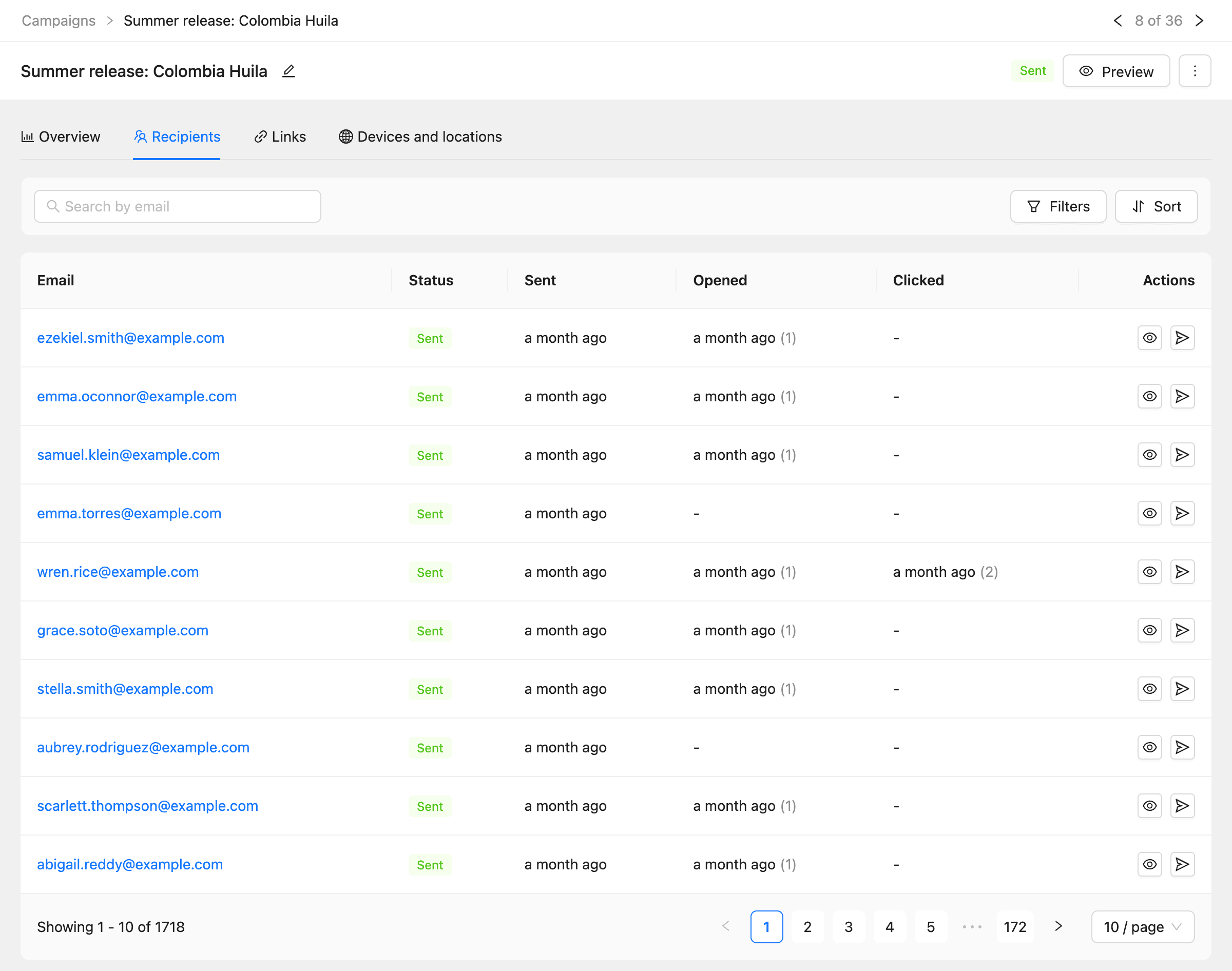 The Recipients tab with each recipient, their status and when they opened or clicked