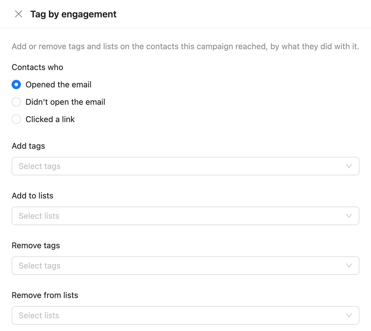 The Tag by engagement drawer with the contact groups and the tags and lists to add or remove