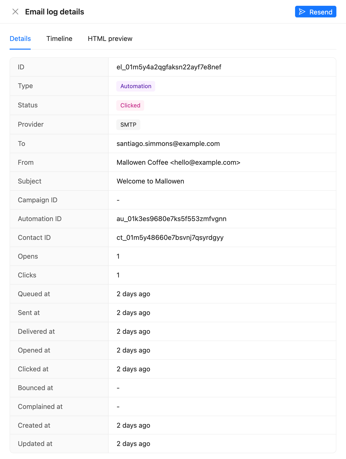 The Email log details drawer with the email’s type, status, provider, addresses and the time of each event