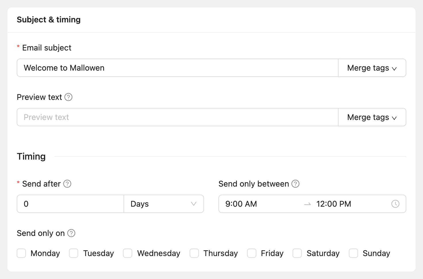 The Subject & timing step with the subject, preview text, send after, sending window and days
