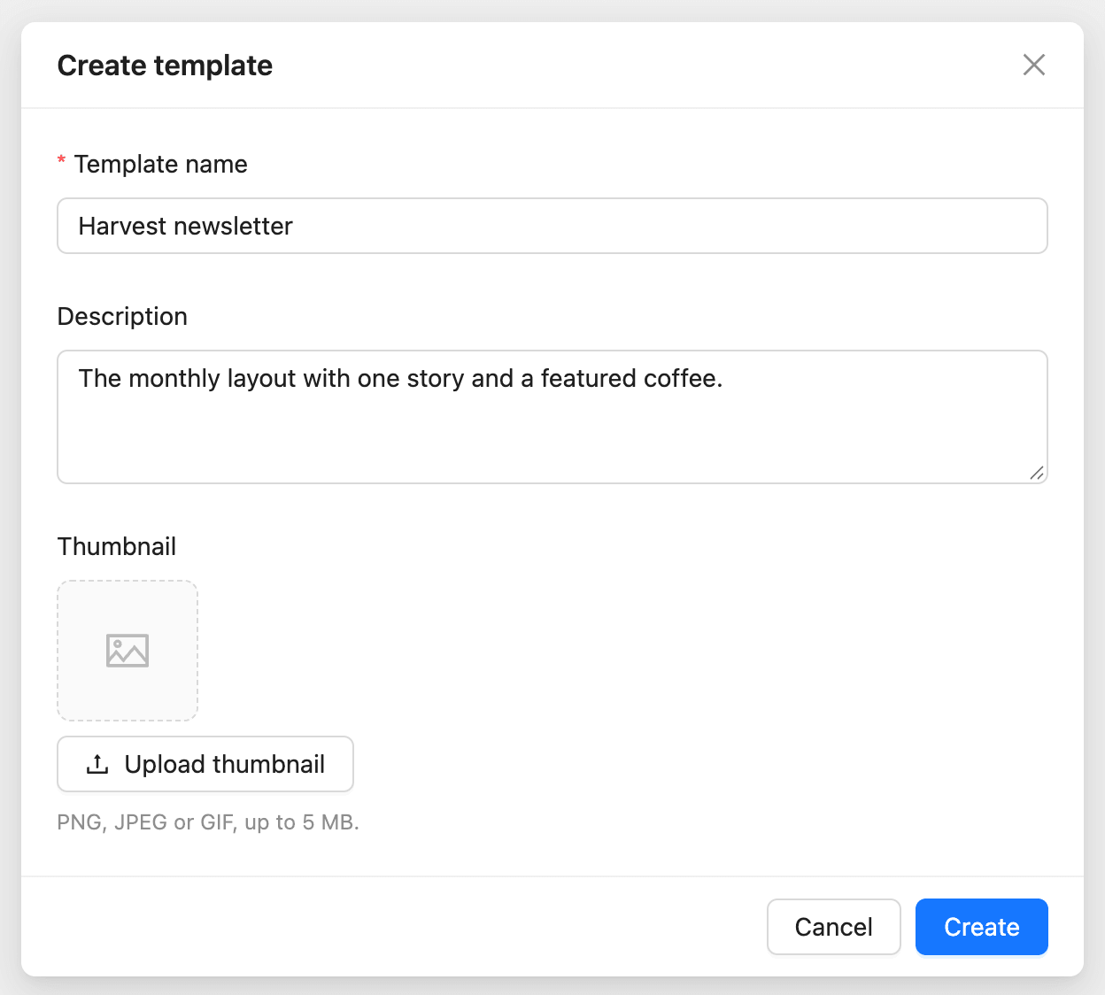 The Create template window with the Template name, Description and Thumbnail fields