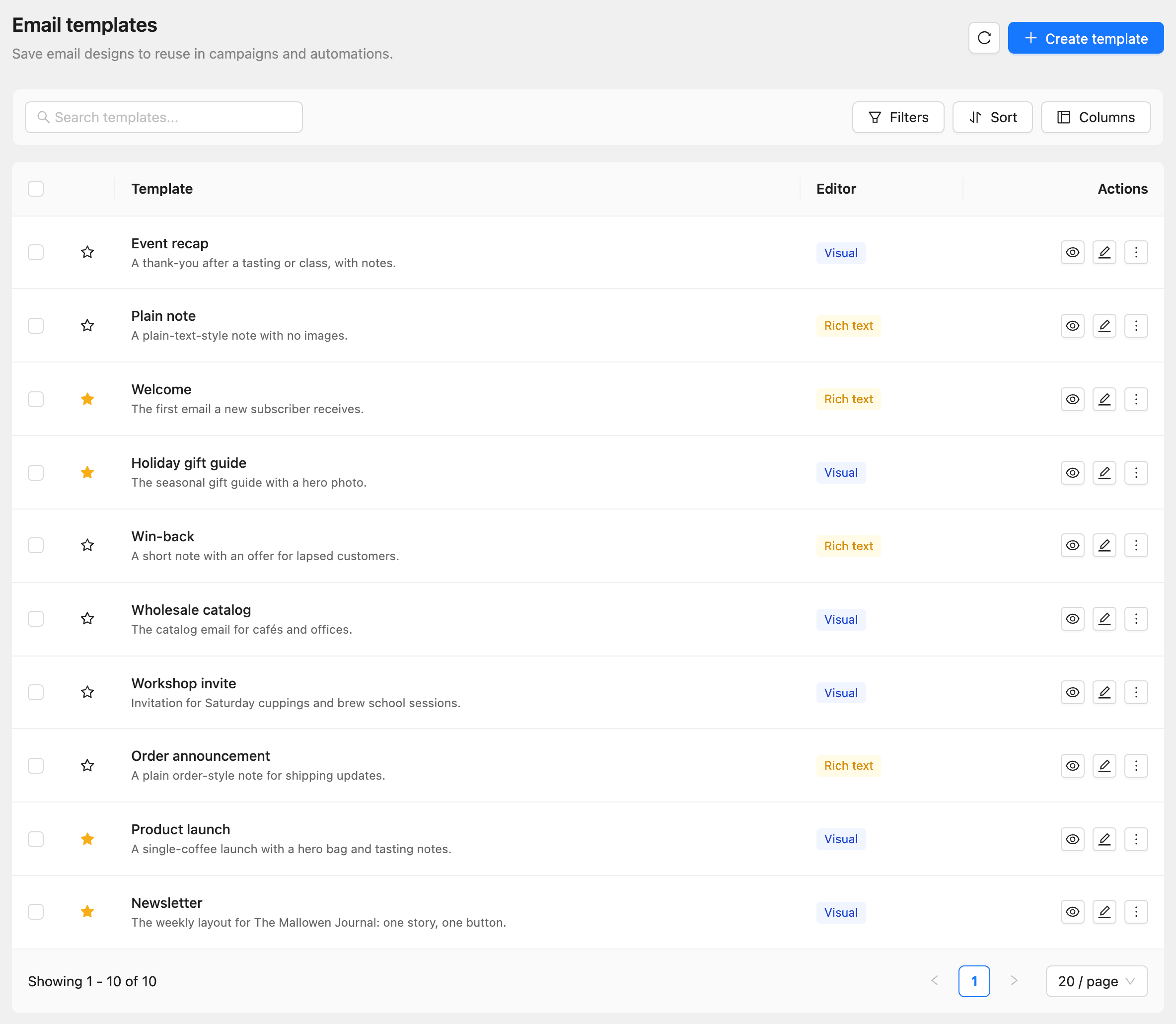 The Email templates page with each template, its editor type and its actions