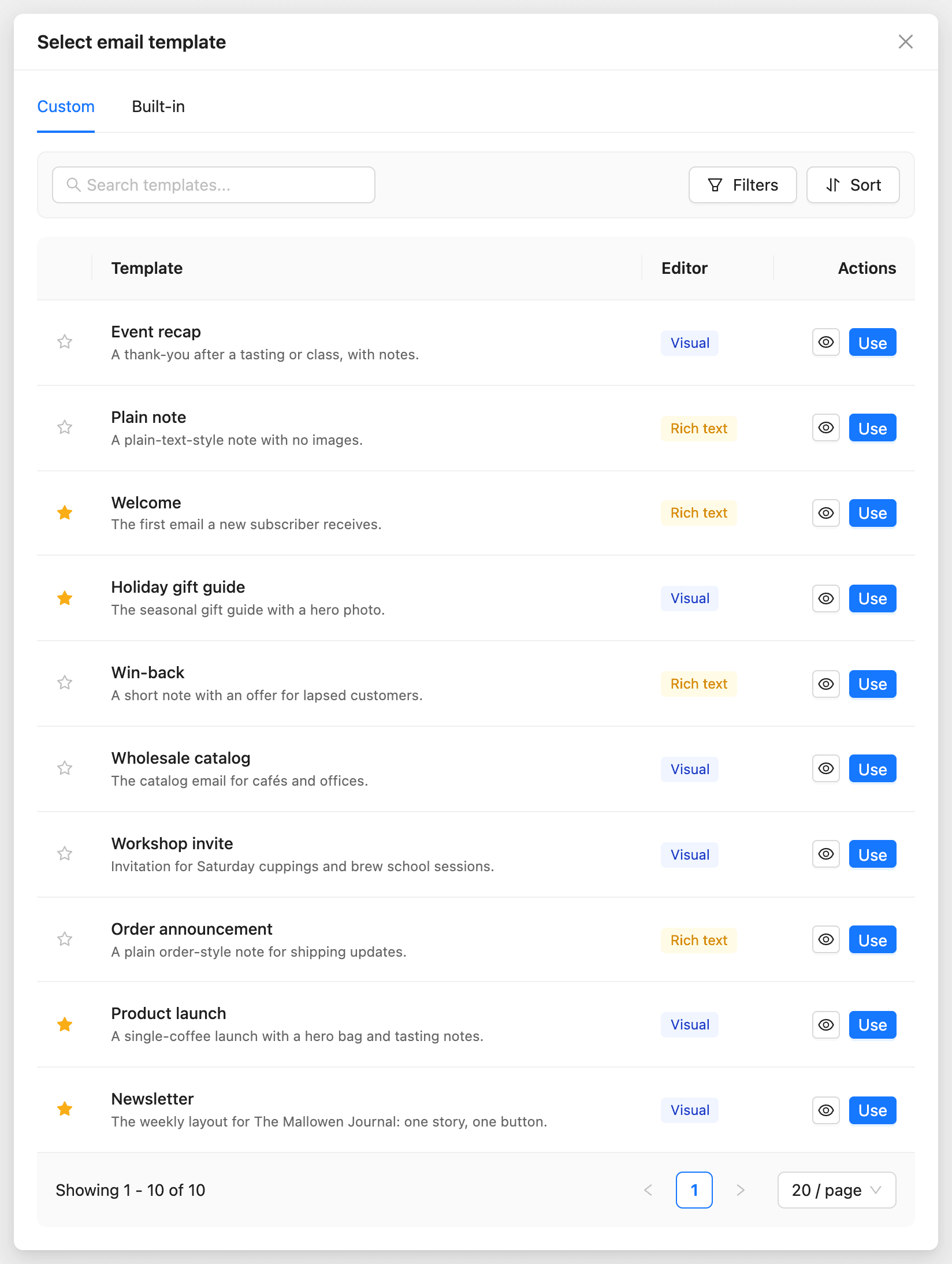 The Select email template window with the Custom and Built-in tabs