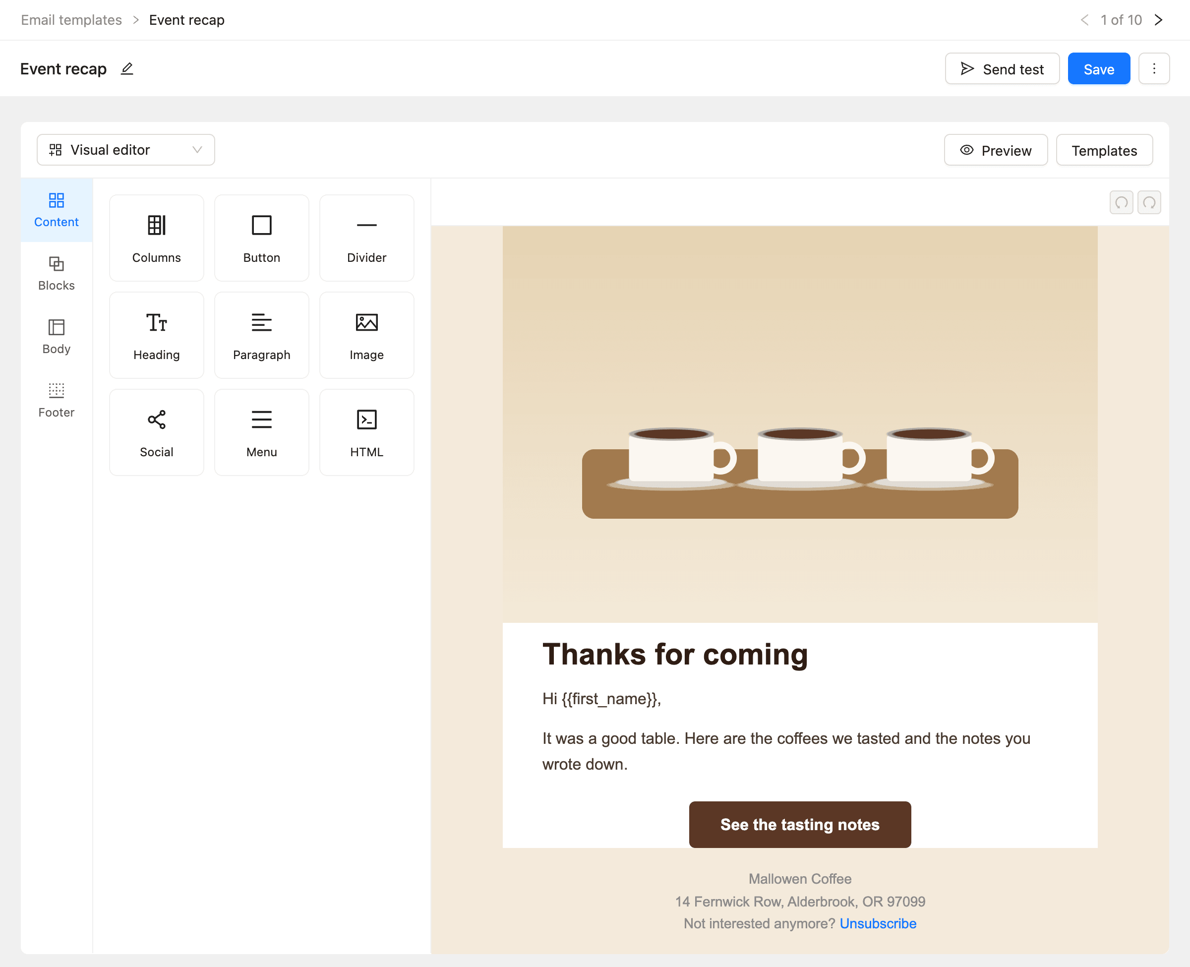The template editor with the Content tab blocks on the left and the email on the right