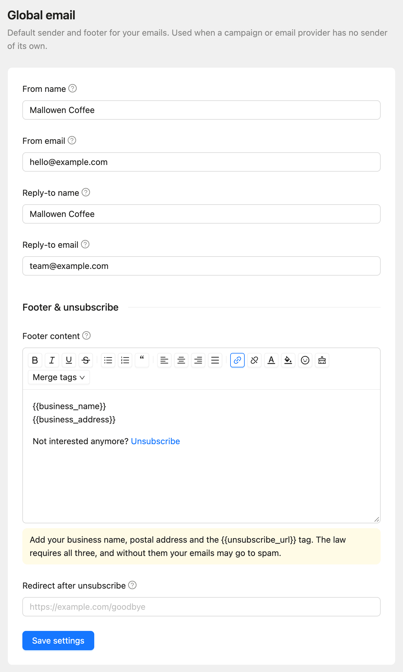 The Global email page with From name, From email, Reply-to name, Reply-to email, the footer editor and Redirect after unsubscribe