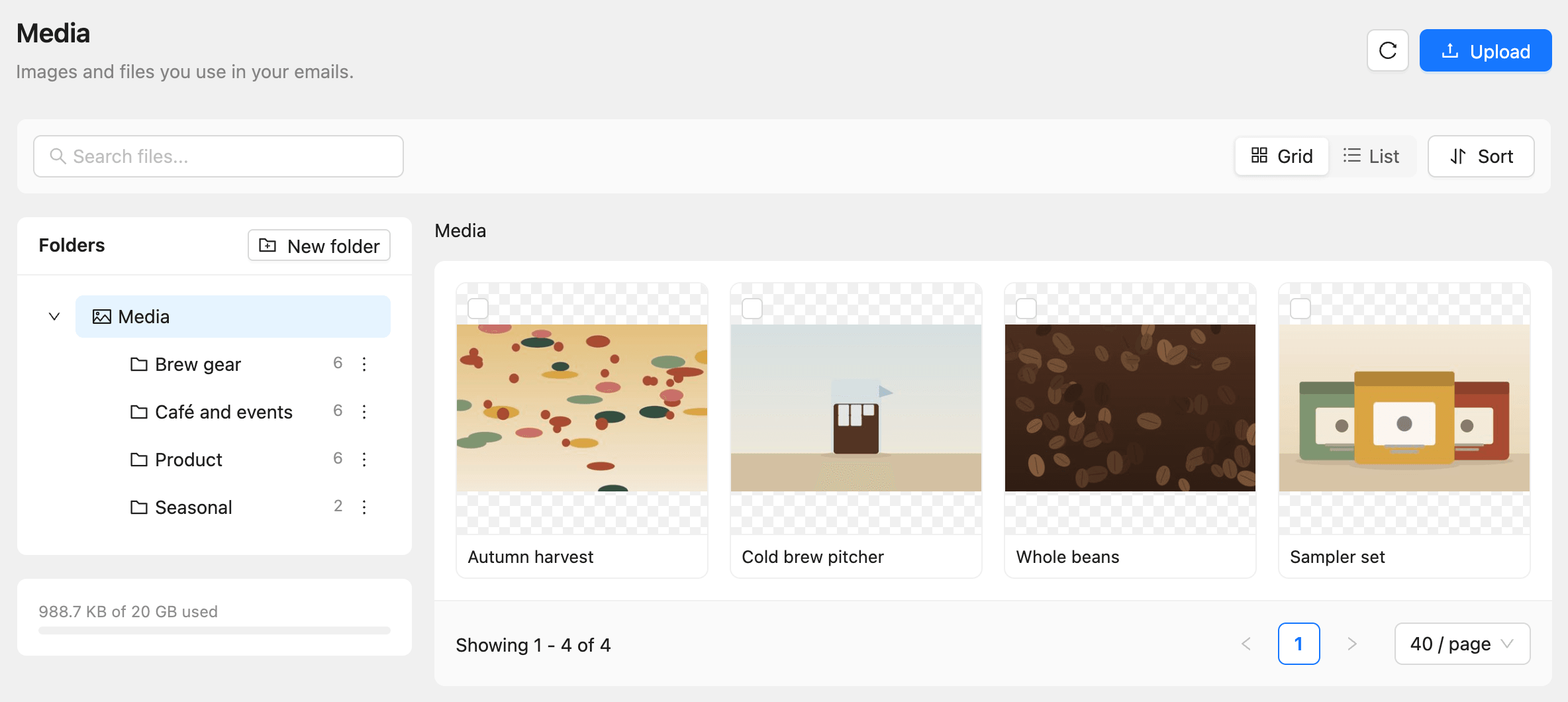 The Media page with folders on the left, the storage meter under them and the images in a grid