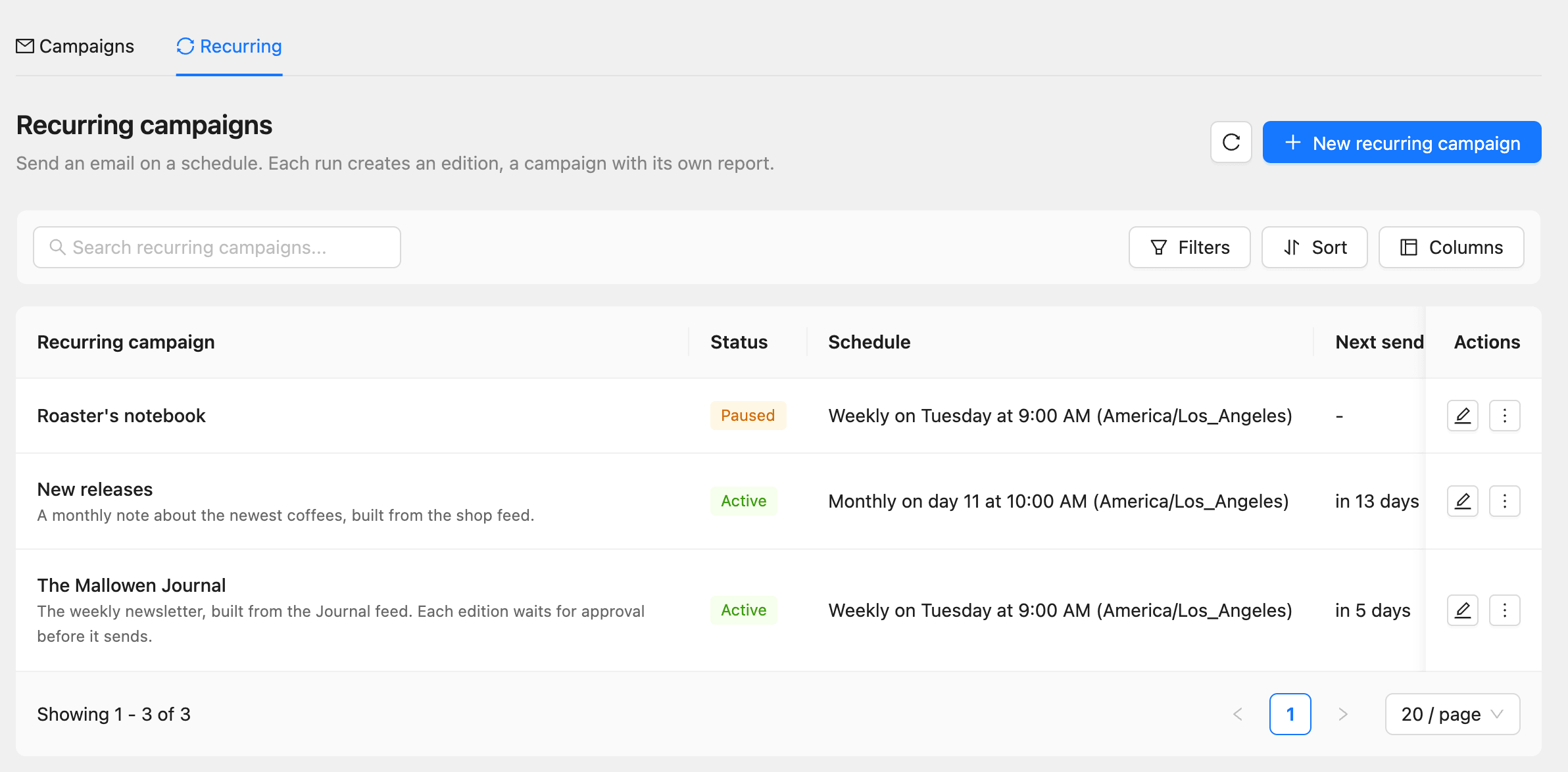The Recurring tab with three recurring campaigns, their schedules and next send