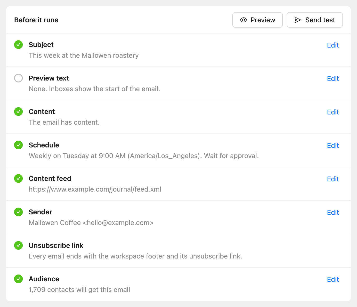 The Review step with the Before it runs checklist for subject, content, schedule, feed, sender and audience