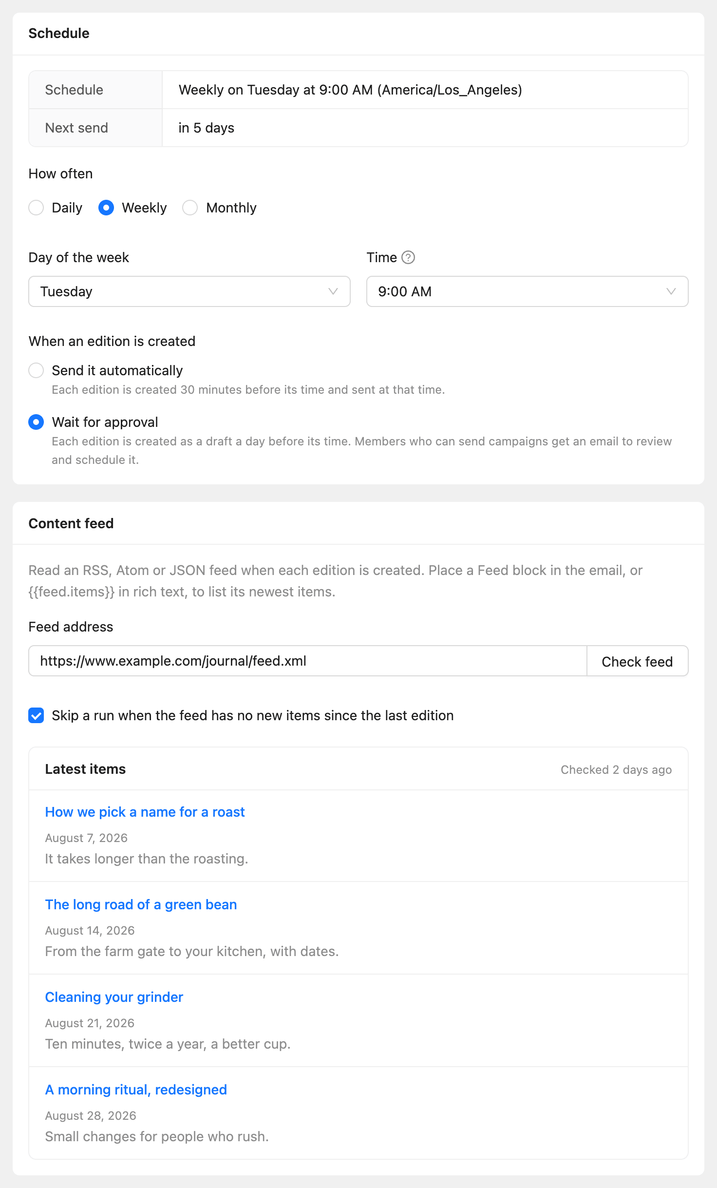 The Schedule step with a weekly schedule, Wait for approval chosen, and the content feed with its latest items