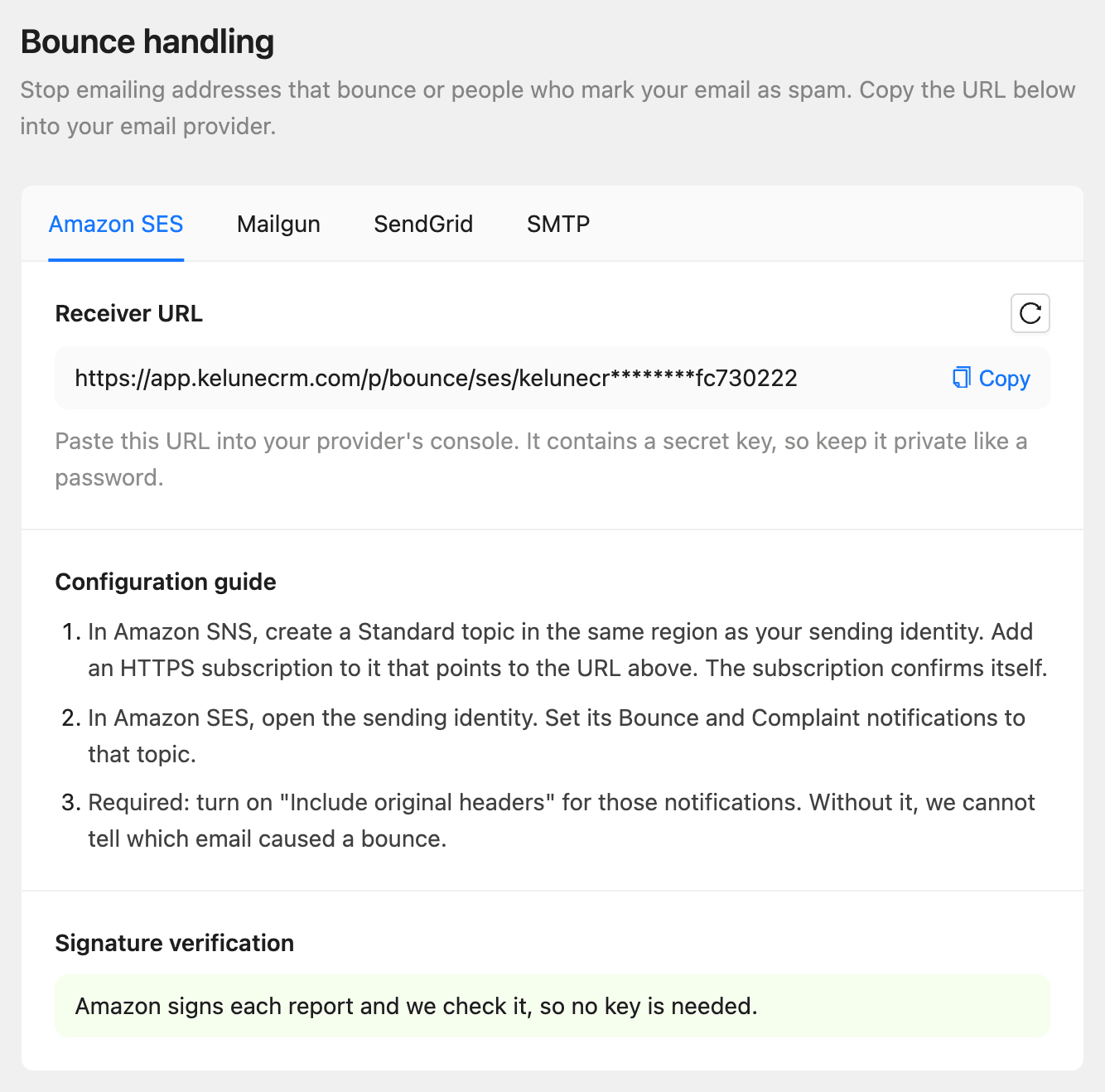 The Bounce handling page on the Amazon SES tab with the receiver URL, the configuration guide and signature verification