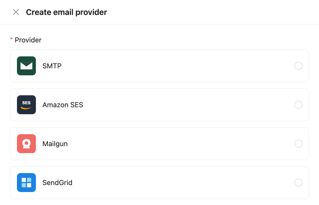 The Create email provider drawer with the four providers to choose from