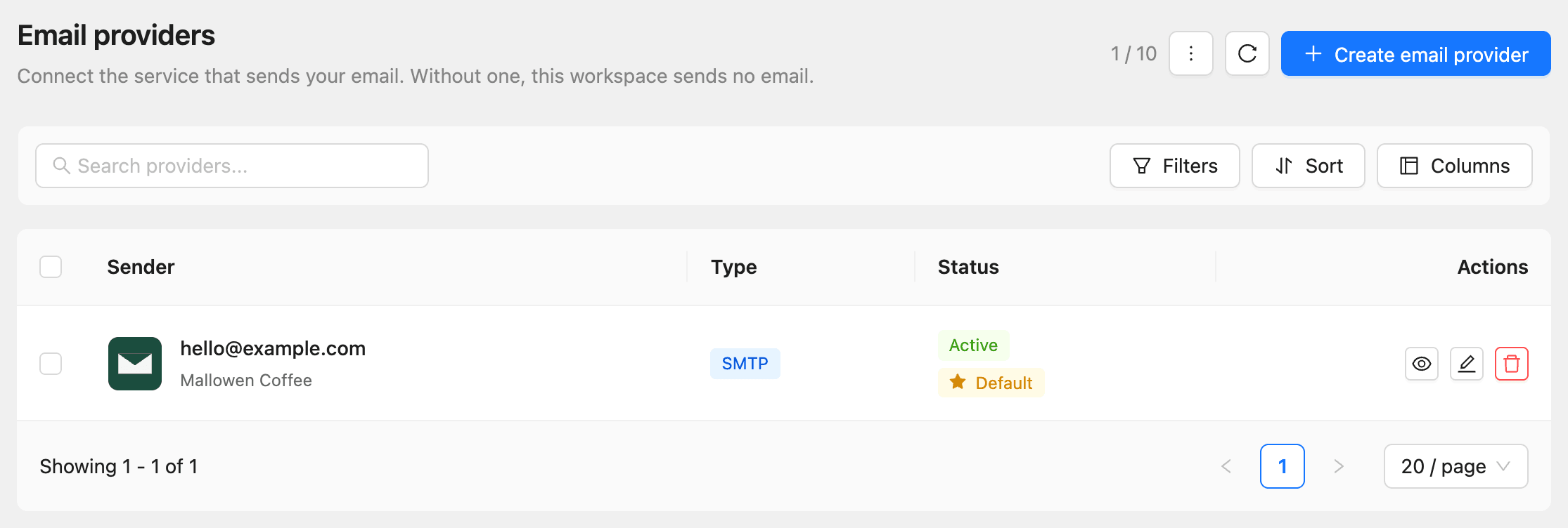 The Email providers page with one active SMTP provider marked Default