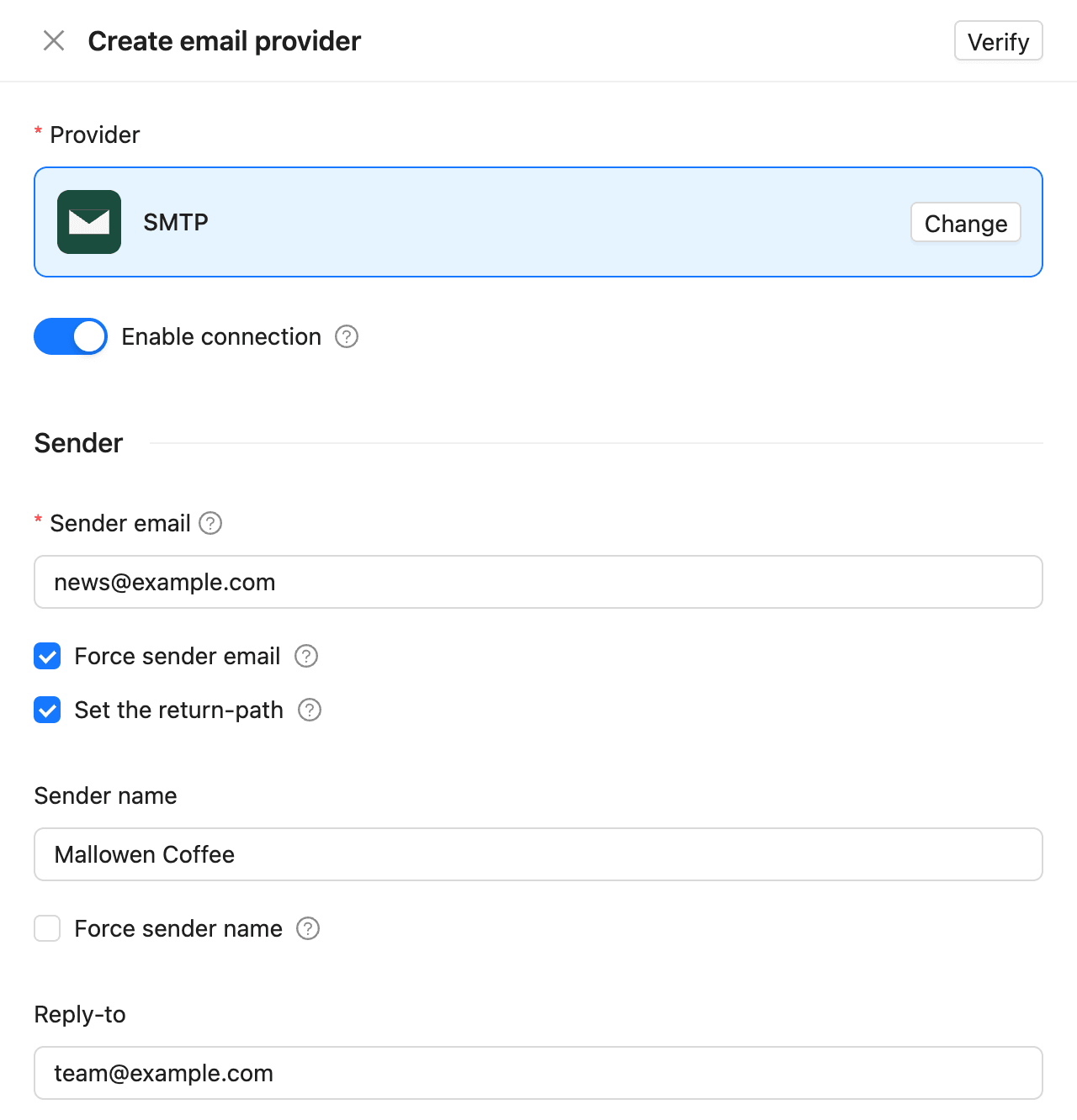 The Sender section with Enable connection, Sender email, Force sender email, Set the return-path, Sender name and Reply-to