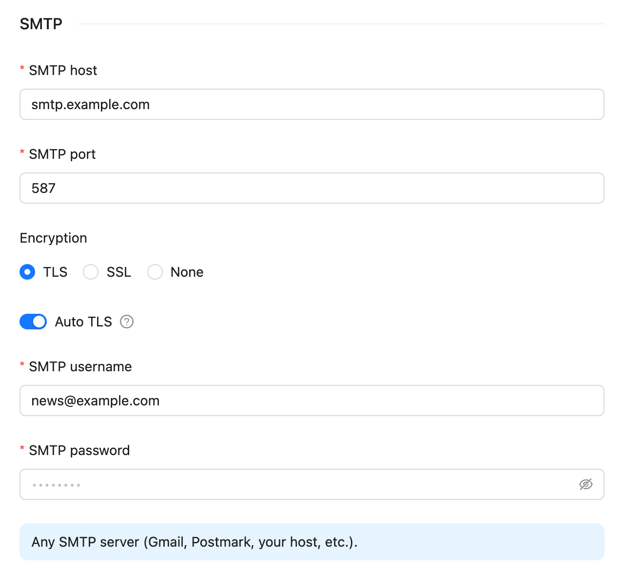 The SMTP section with host, port, encryption, Auto TLS, username and password