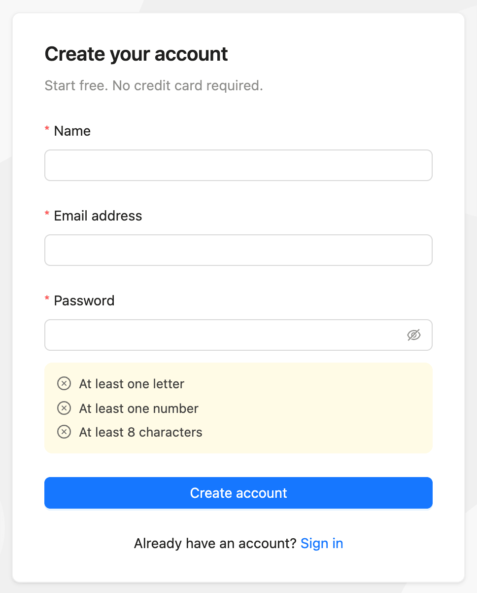 The “Create your account” form with the Name, Email address and Password fields and the password rules