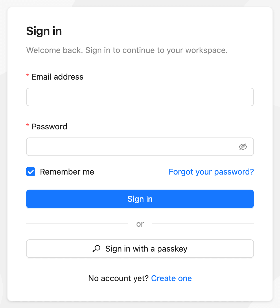 The “Sign in” form with Remember me, Forgot your password? and Sign in with a passkey