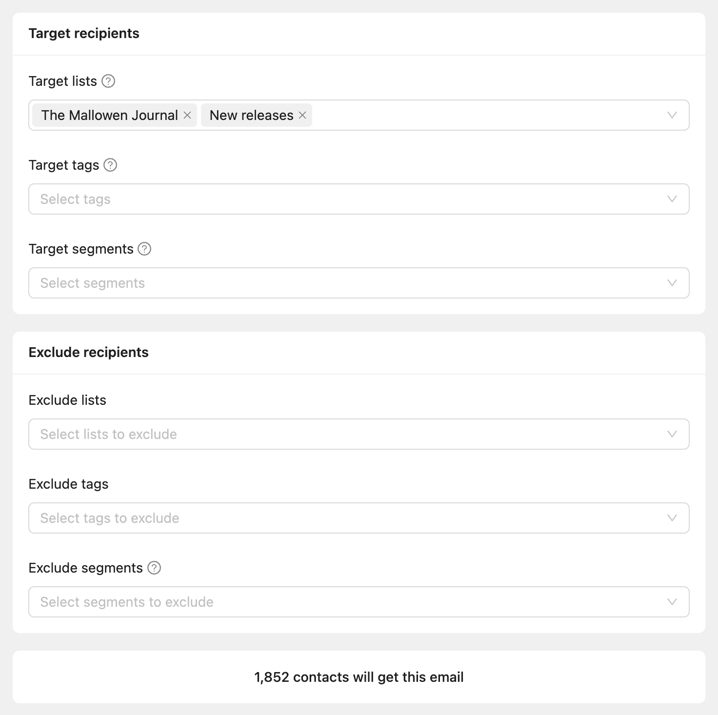 The Audience step with two target lists and the recipient count