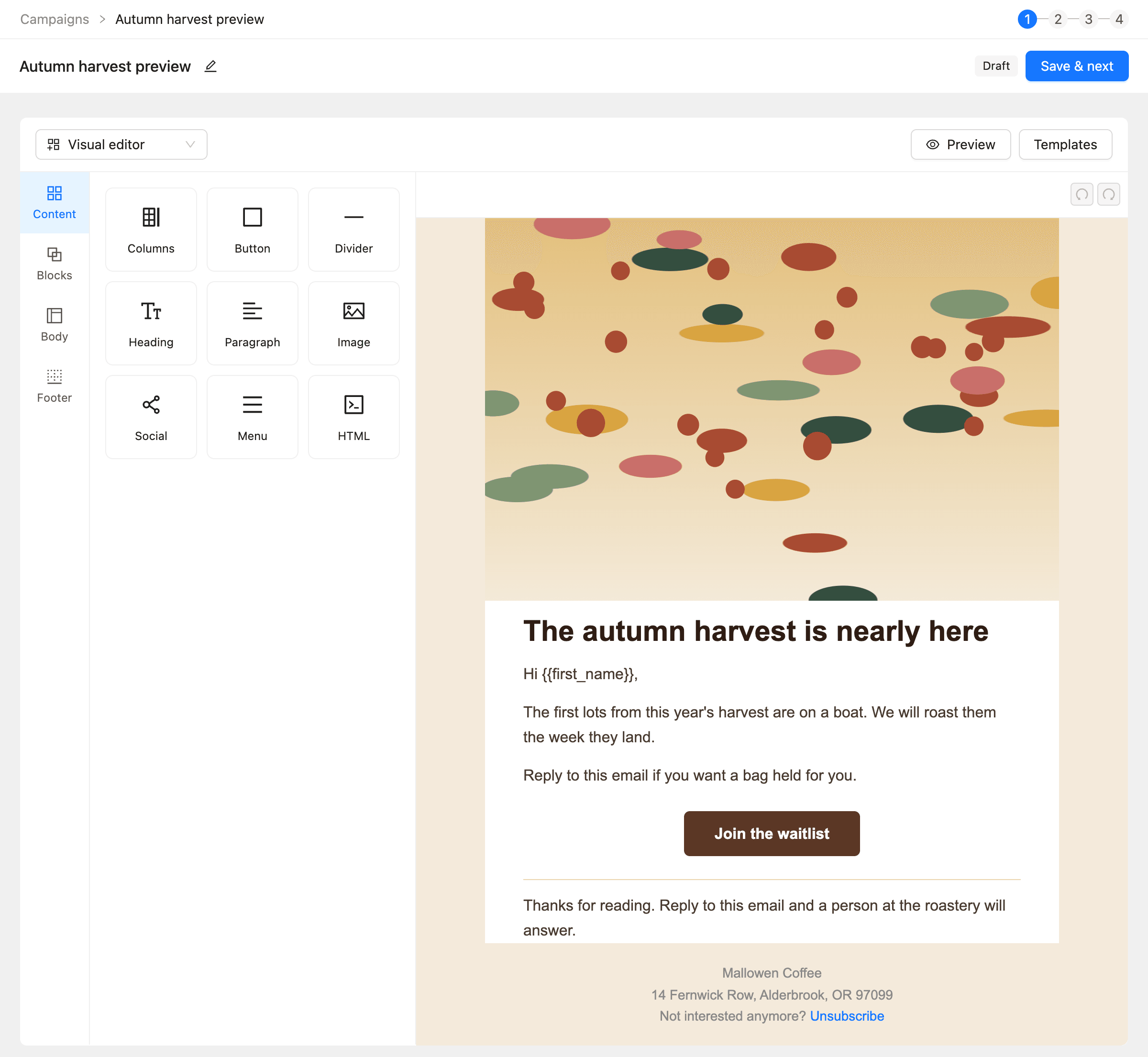 The Content step in the visual editor with the block panel on the left and the email on the right