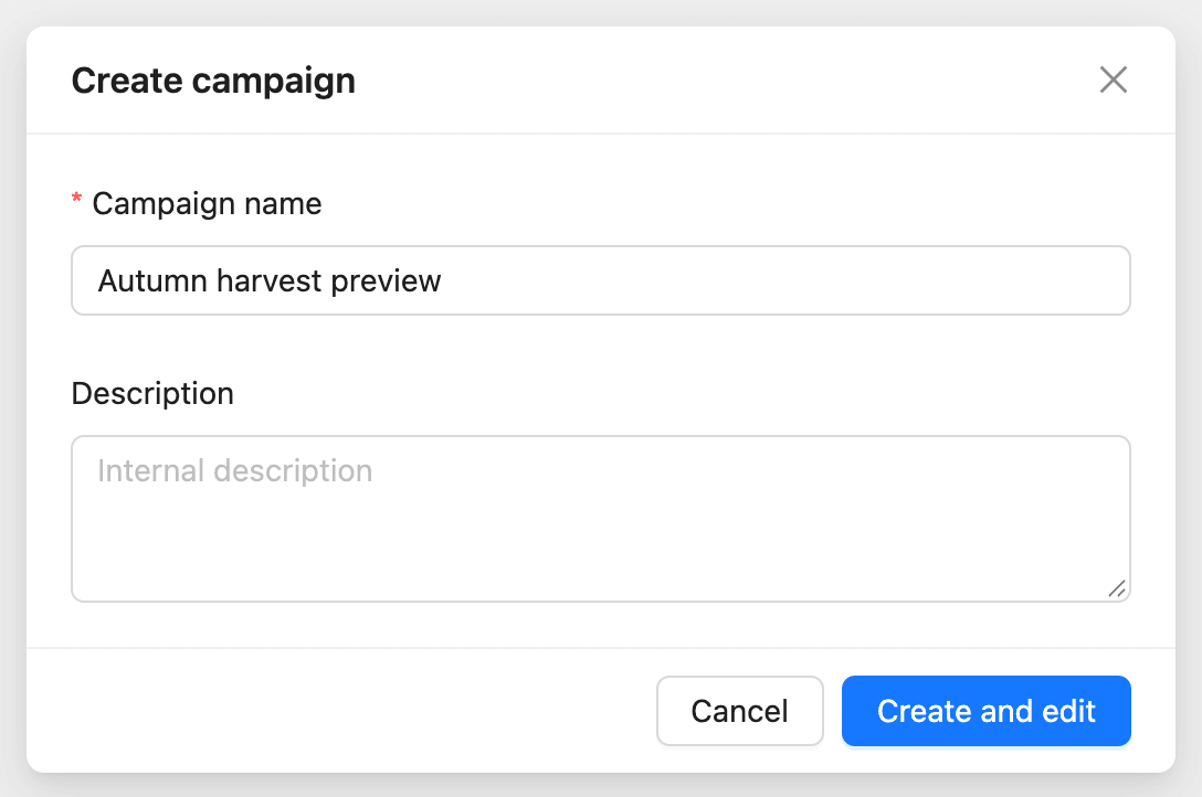 The Create campaign window with the Campaign name and Description fields