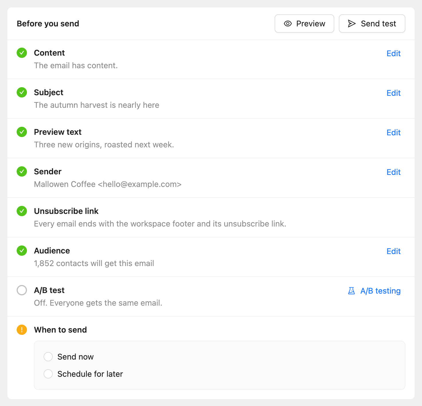 The Review step with the Before you send checklist and the When to send options