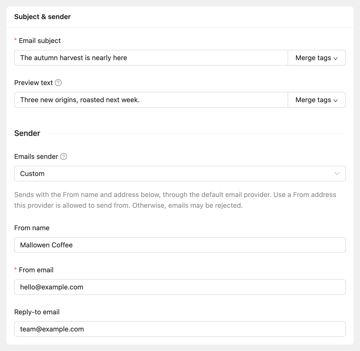 The Subject & sender step with the subject, preview text and sender fields
