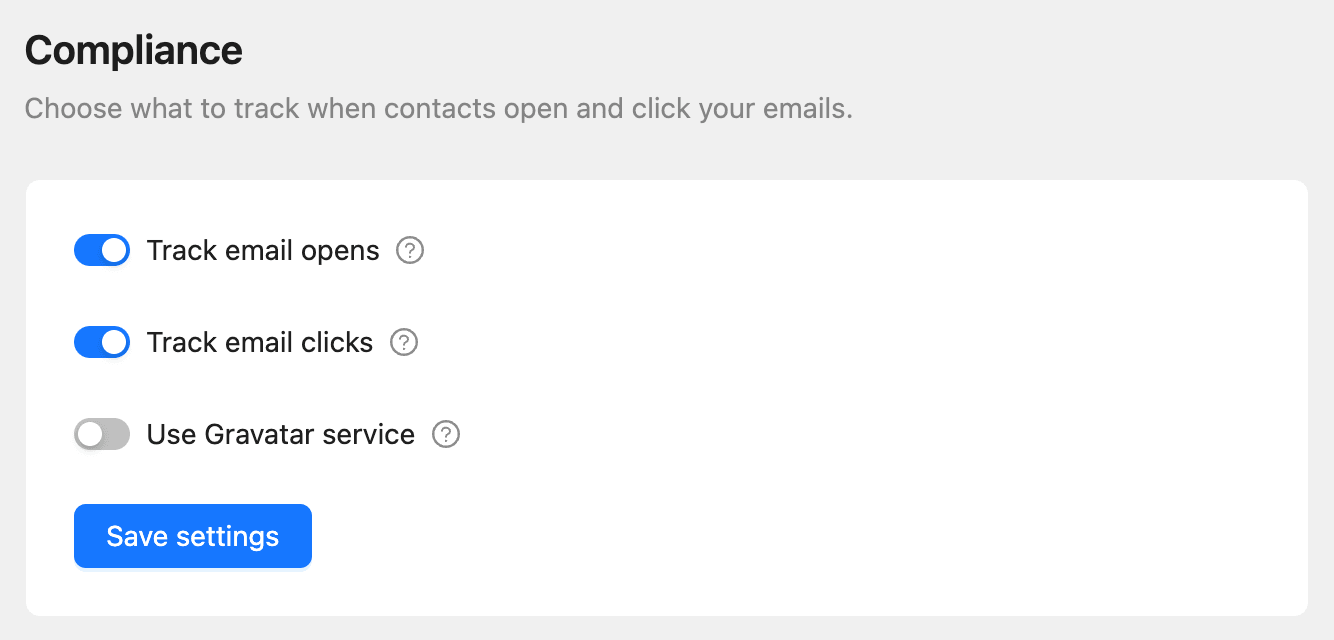 The Compliance settings page with the open tracking, click tracking and Gravatar switches