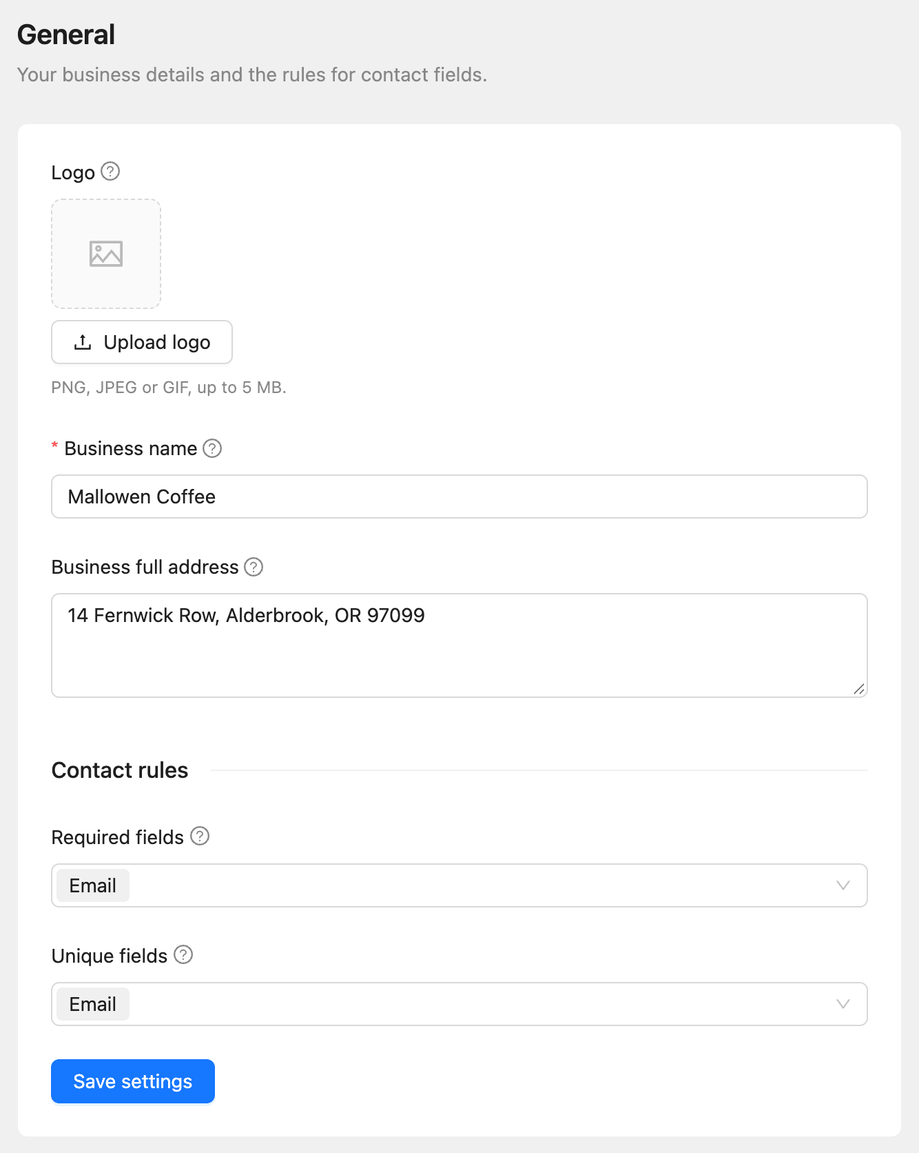 The General settings page with the logo, business name, business address and contact rules