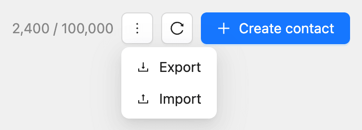 The More menu on the Contacts page with Export and Import